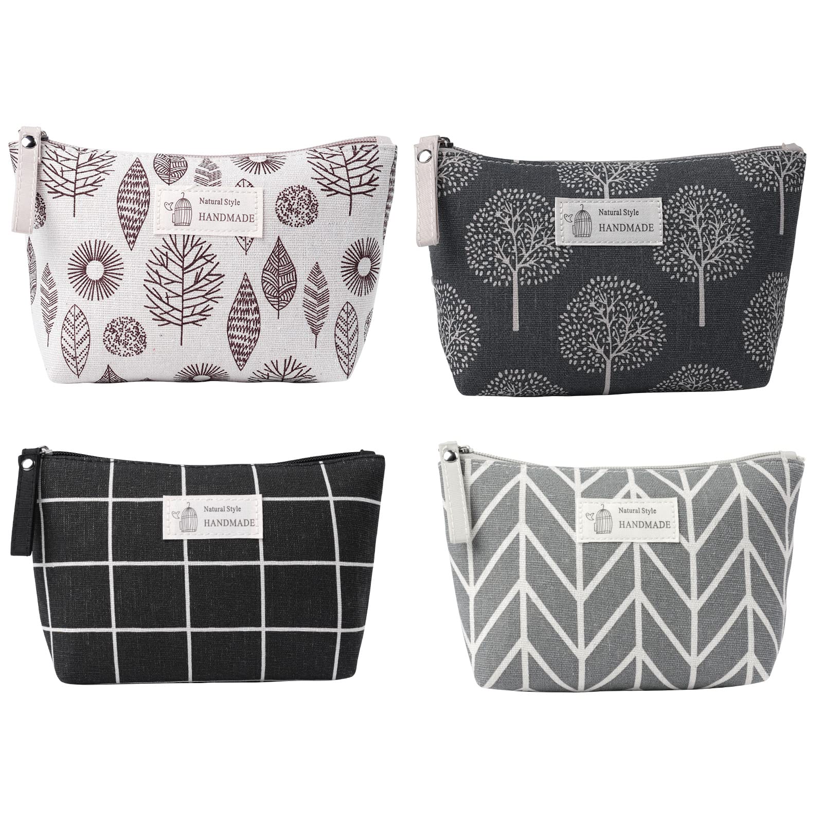 Aucuu 4PCS Bolsa de Cosméticos de Lona, Estuche de Maquillaje Impreso, Neceser de Cosméticos, Bolsa de Lavado para Viajes con Cremallera, para Cosméticos, Tarajets (Cuadrícula)