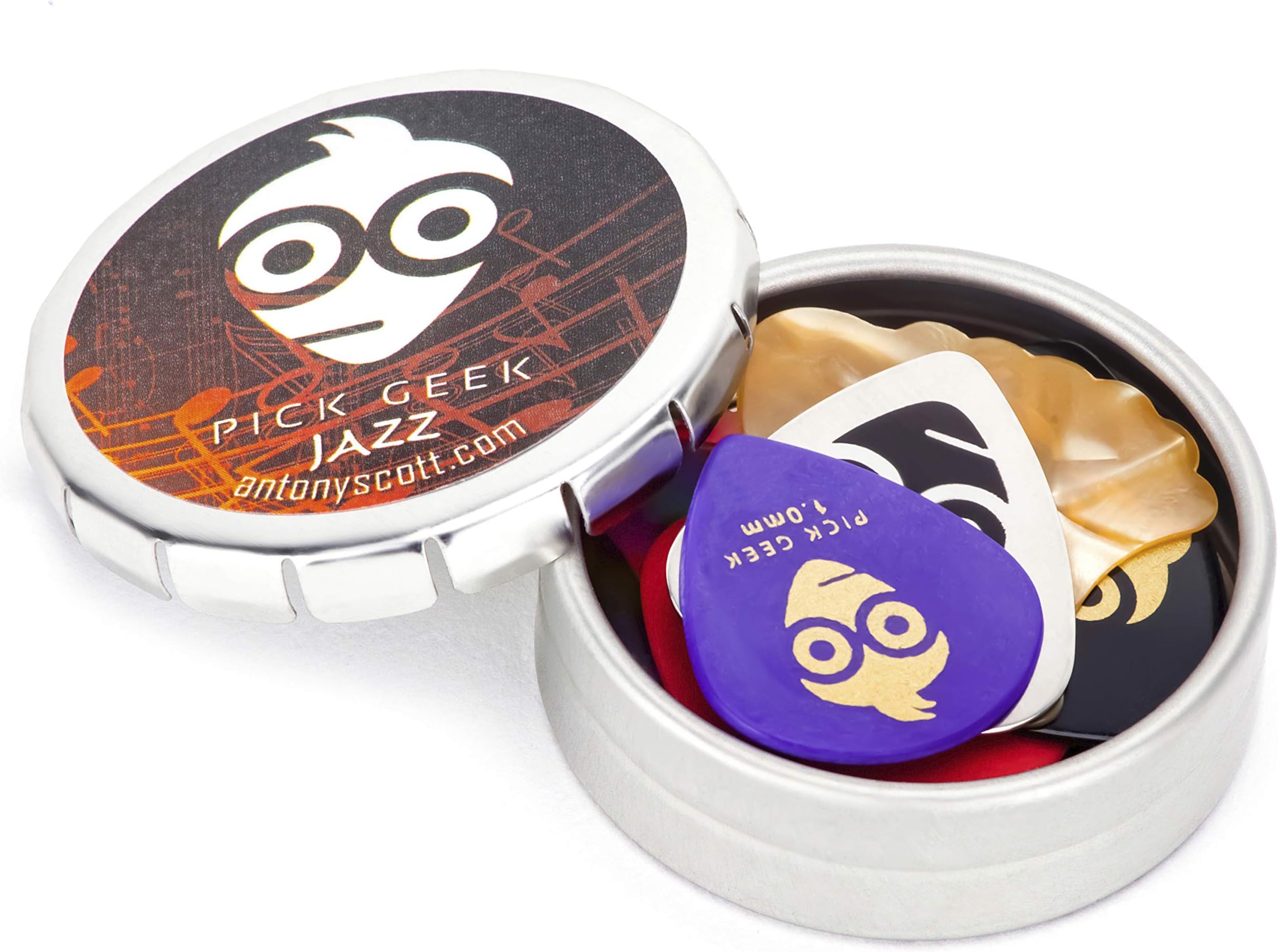 Jazz | 18 Cool Custom Assorted Guitar Picks Plectrums Set for your Electric, Acoustic, or Bass Guitar | X Heavy, Heavy, Medium, & Thin Light | Presented in a Luxury Designed Metal Pocket Box