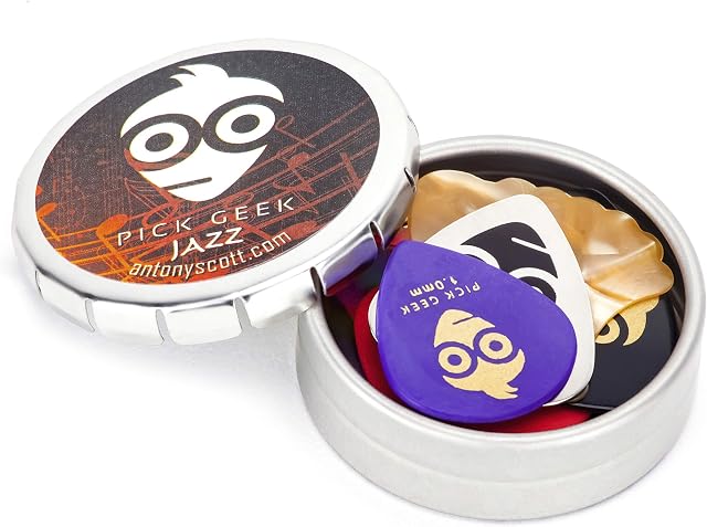 Pick Geek Jazz | 18 Cool Custom Assorted Guitar Picks Plectrums Set for your Electric, Acoustic, or Bass Guitar | X Heavy, Heavy, Medium, & Thin Light | Presented in a Luxury Designed Metal Pocket Box