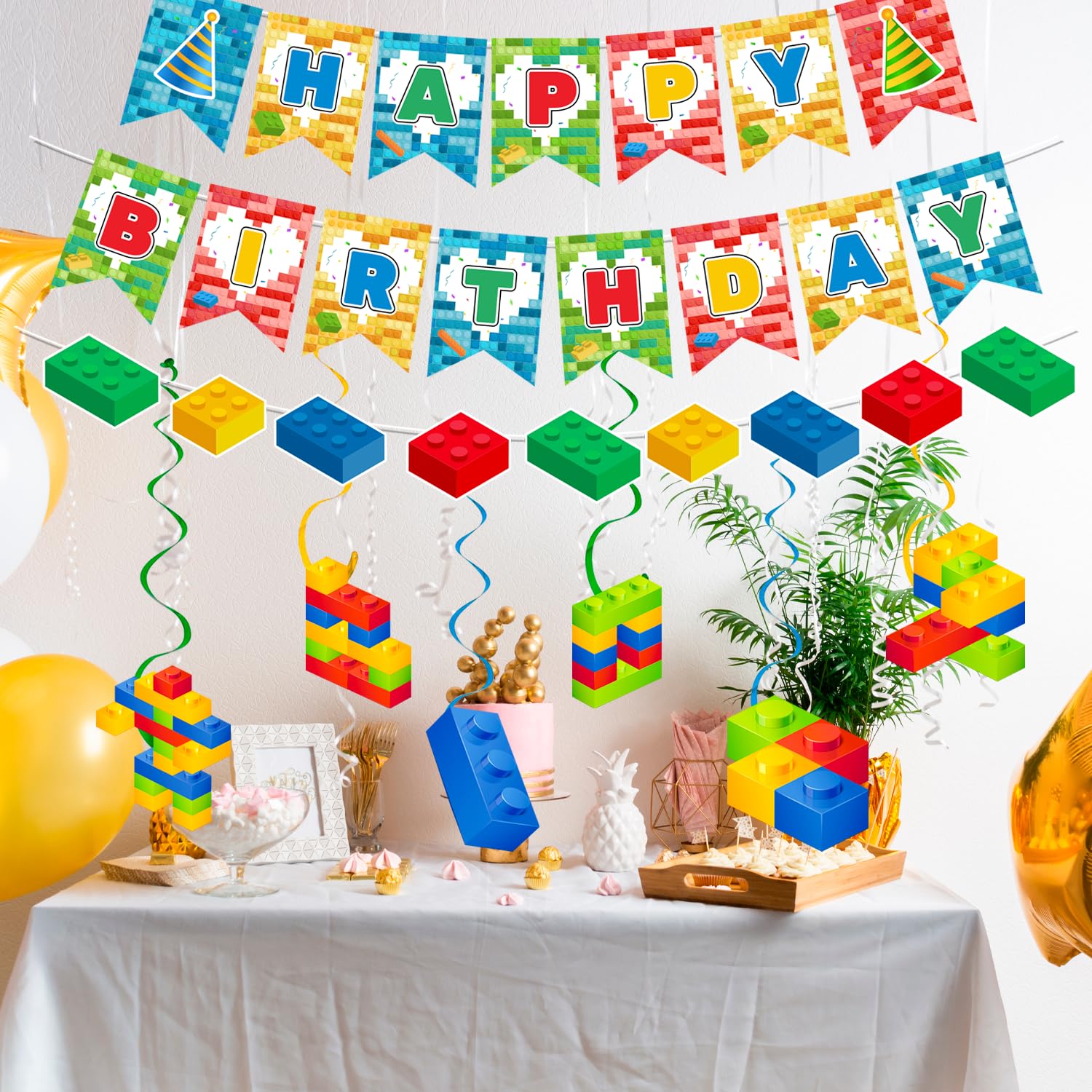 Building Block Party Decorations Banner Swirls, 7 Pcs Building Blocks Hanging Swirls Decoration - Image 4