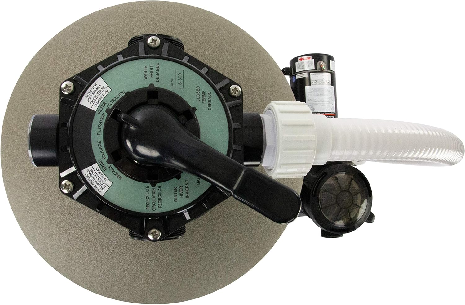 Į viršų view of the multi-port valve on the Rx Clear Radiant Sand Filter, showing various settings like Filter, Backwash, Rinse, Waste, Closed, and Recirculate.