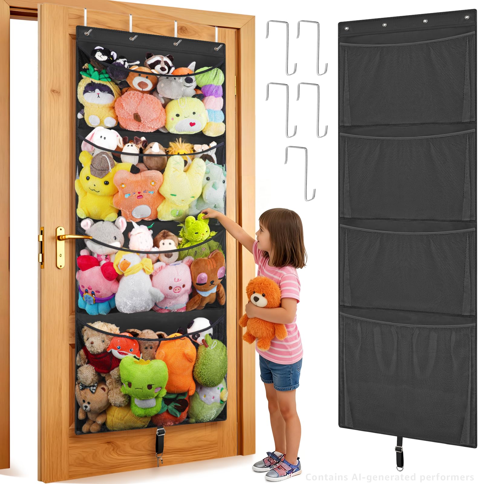 Woodoulogy Hängende Stofftier-Aufbewahrung, über der Tür, großer Plüschtier-Organizer mit Metallhaken, Baby-Zubehör-Halter, Idee für Kinderzimmer, Barbie-Puppe und Teddybär, Jungen, Kinderzimmer Baby