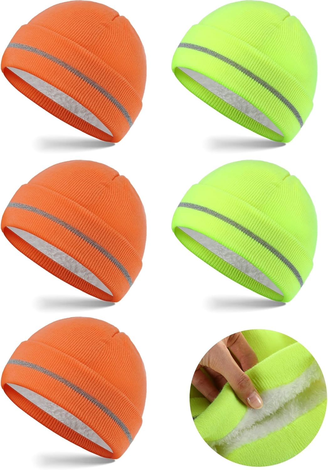 Geyoga 12 Pcs Reflective Knit Hat Winter Safety Beanies Fleece Lined Hi Vis Hat Warm Knitted Cap for Adult Work Running