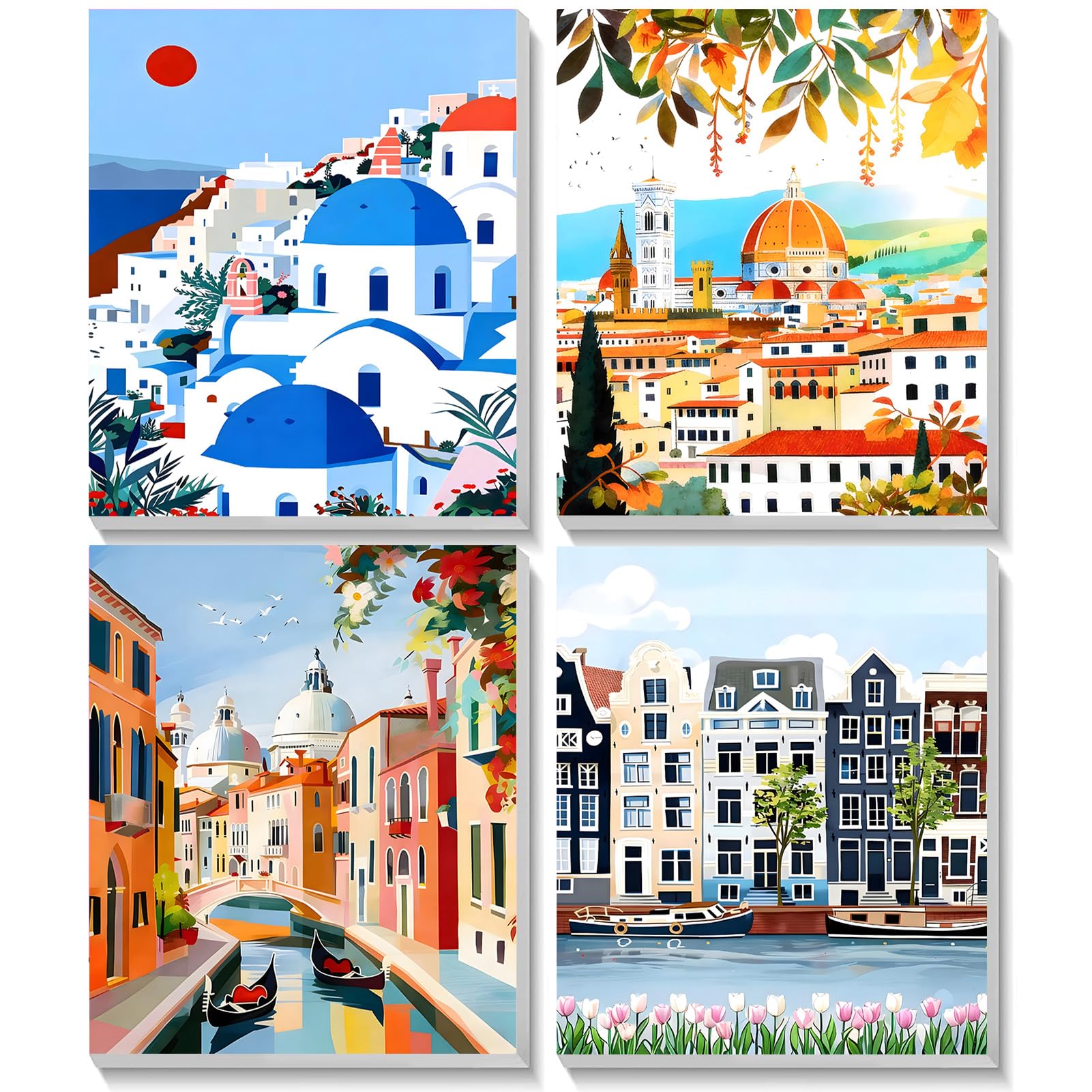 TOSTOG Quaint Villages 4 Pack Framed Canvas Painting by Numbers Art Kit for Adults and Kids, Beginner Acrylic Painting Supplies with Wooden Frame for Home Wall Decor 20 * 25 cm/8 * 10 in