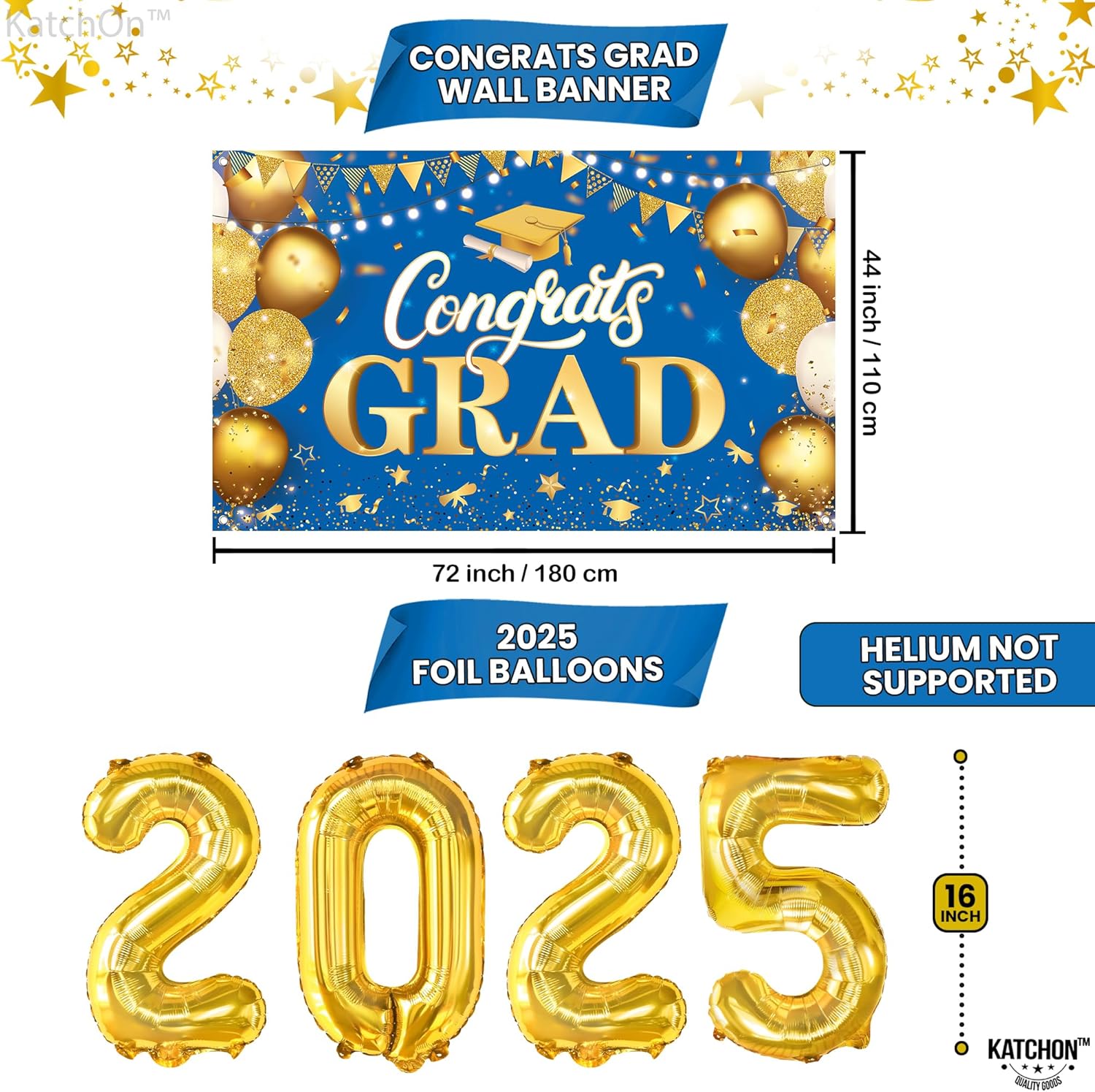 KatchOn, Blue and Gold Graduation Decorations Class of 2025 - Huge, Pack of 76 | Congrats Grad Banner and Grad Balloon Boxes | 2025 Graduation Balloons for 2025 Grad Party Decorations - Image 3