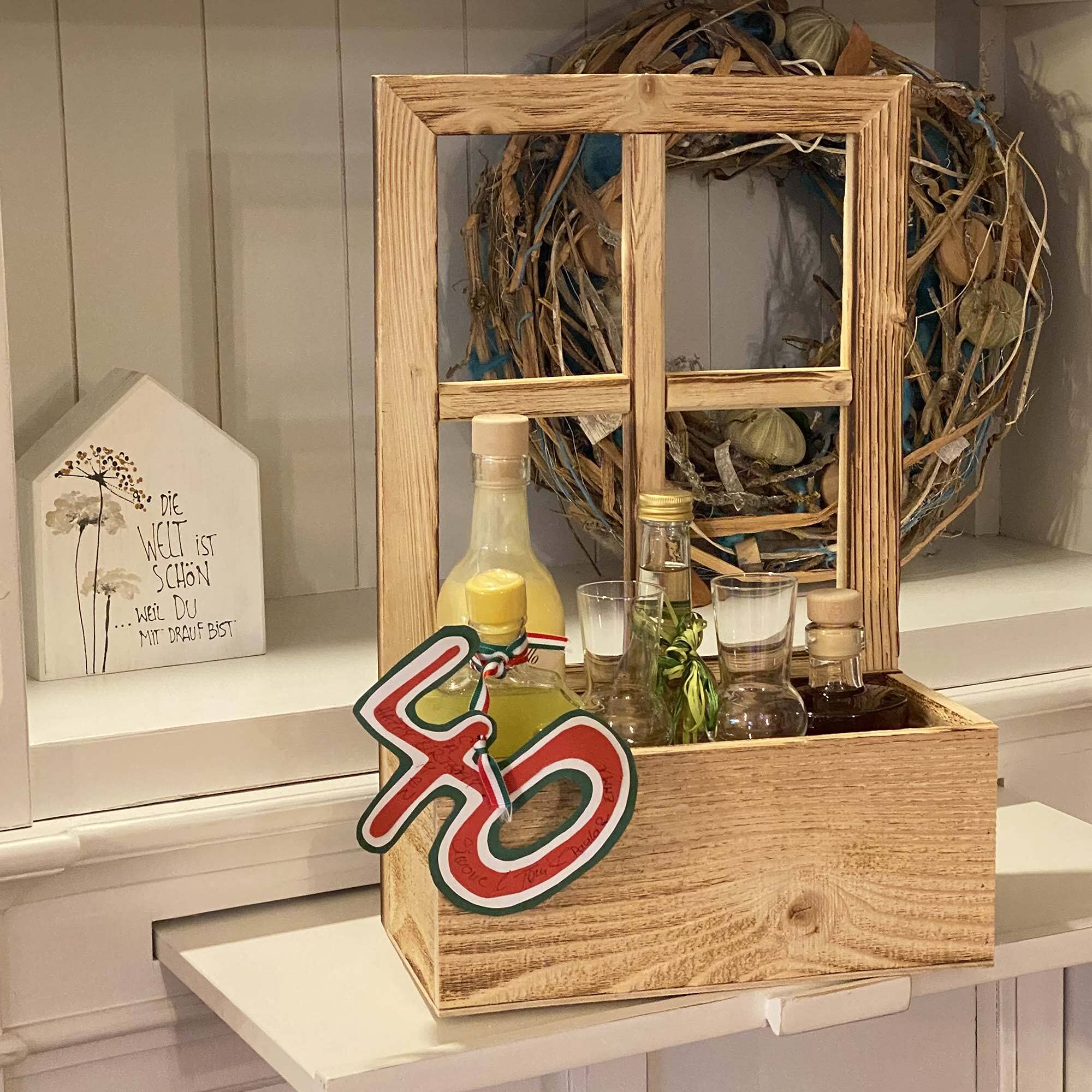 UNUS Ventana de madera con banco de plantas, decoración de madera envejecida flameada, 2 unidades