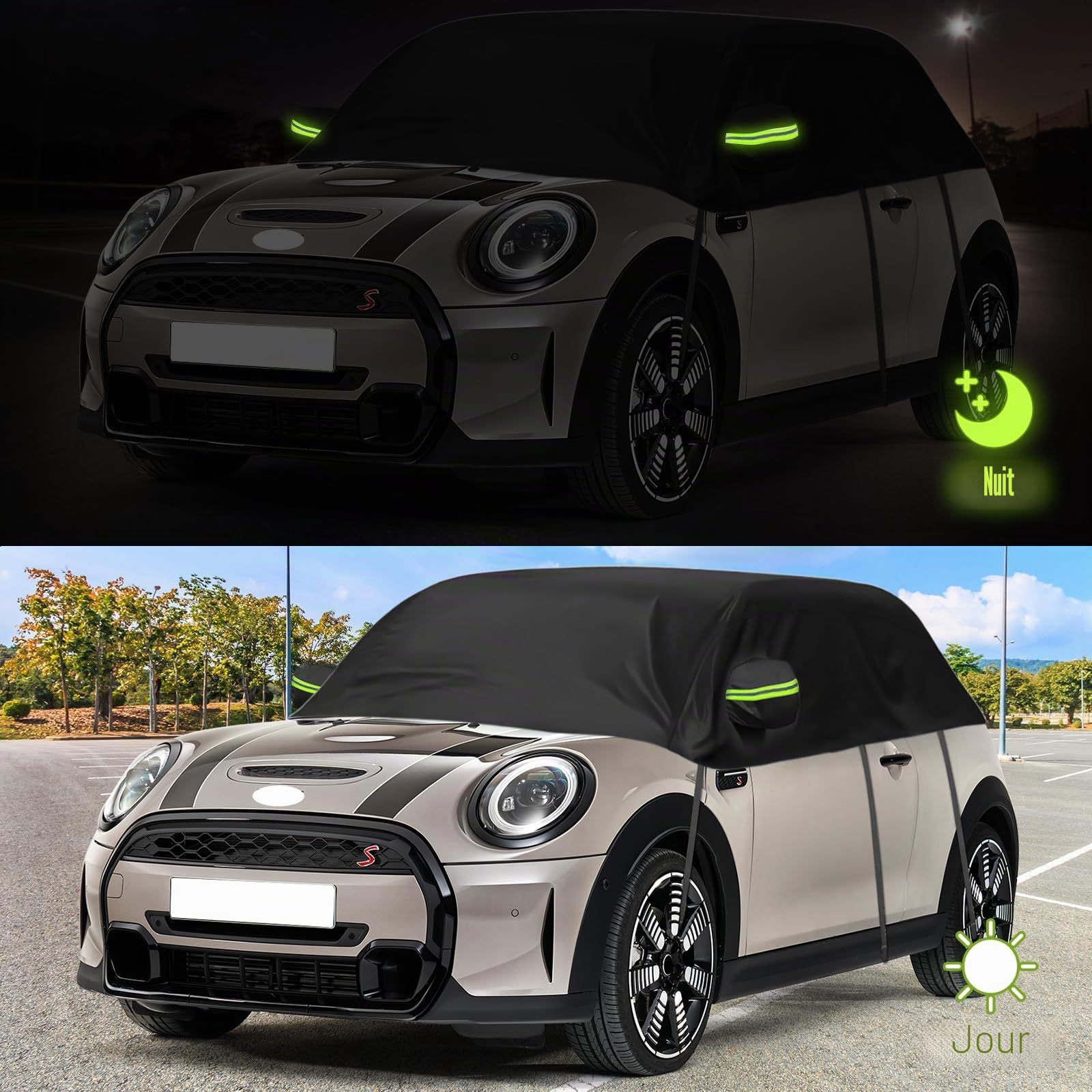 Housse de Voiture Imperméable Remplacement pour Mini Cooper 3 Portes 2000-2025, Demi Housse de Voiture Résistante Aux UV, Anti-Poussière Demi Garage, pour Extérieur et Intérieur