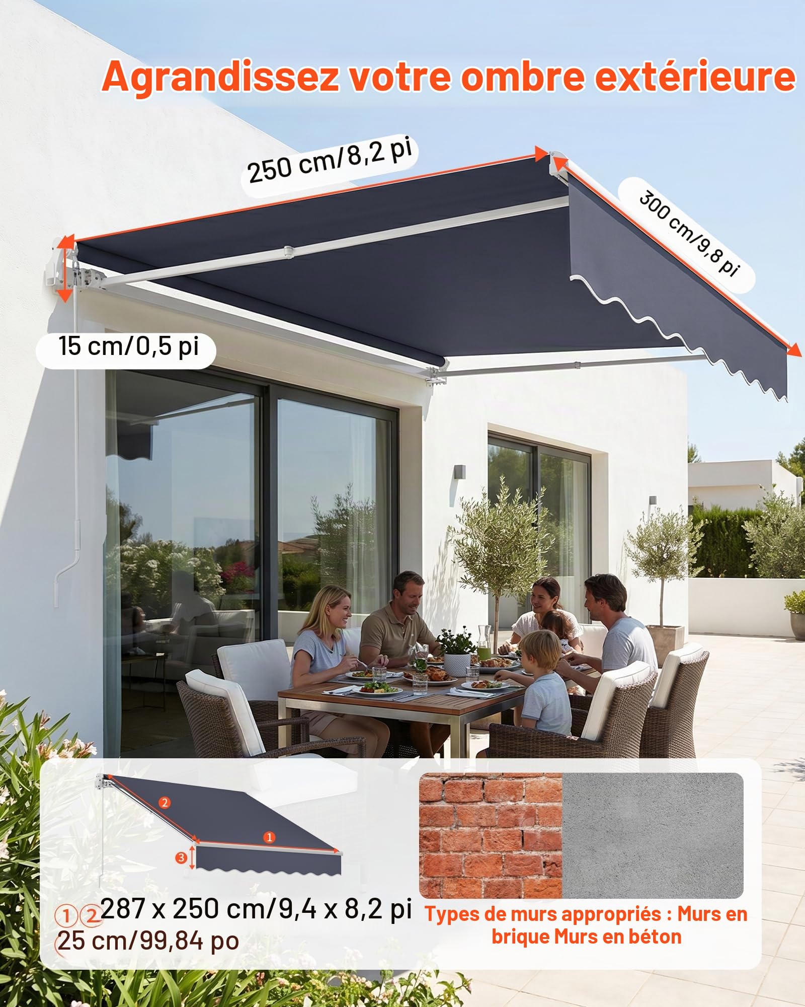 VEVOR Store Banne Manuel 300x250 cm Auvent Rétractable pour Terrasse et Balcon, Extérieur, Devantures de Cafés, de Restaurants, de Boutiques, avec Manivelle, Angle d'Inclinaison 45°-85°, Gris Foncé