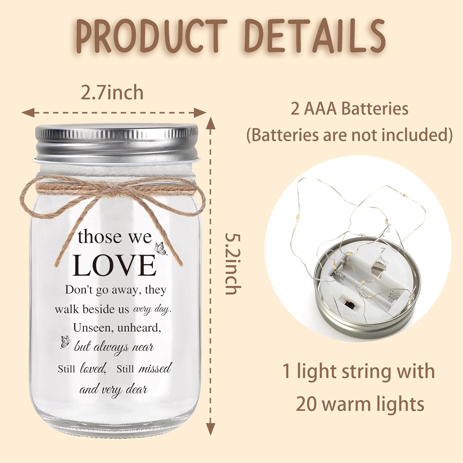 Sympathy Memorial Condolence Gifts for Loss of Loved One, Mason Jar Night Lights - Bereavement Grief Gifts for Women in Memory of Loved One for Mother Father Grandma
