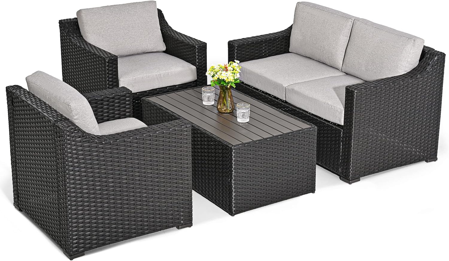 HAPPATIO 4 Piece Patio Conversation Set,Outdoor Sectional,All-Weather Patio Furniture Set(Grey/Blue) : Patio, Lawn & Garden