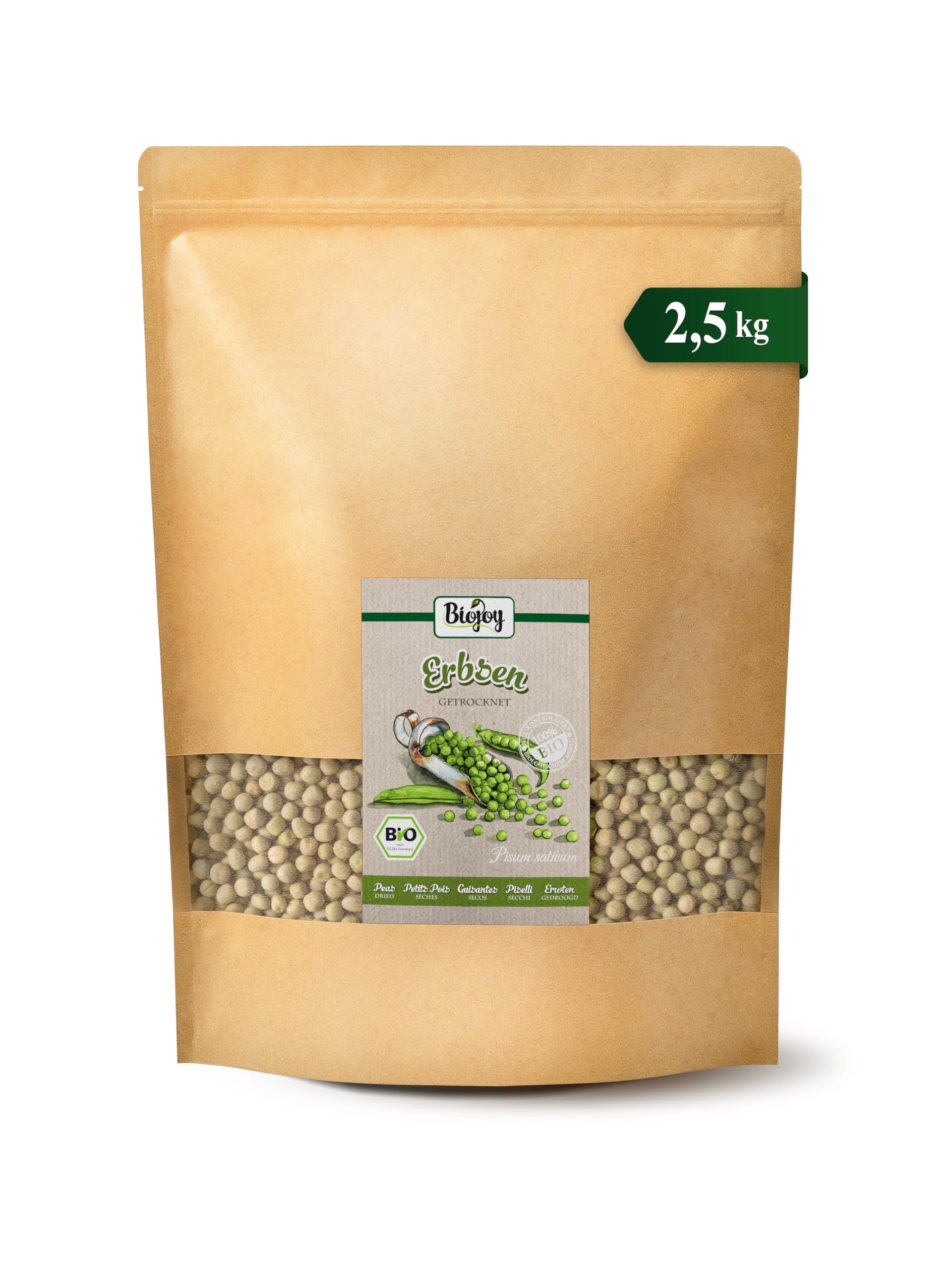 Biojoy Piselli verdi BIO, secchi, interi e non decorticati, 2,5 kg | Dalla Bulgaria, naturali, Pisum sativum L.