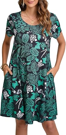 Enmain Women's T-Shirt Dress Short Sleeve Summer Tunic Dress with Pockets Casual Boho Knee Length Dresses for Women UK