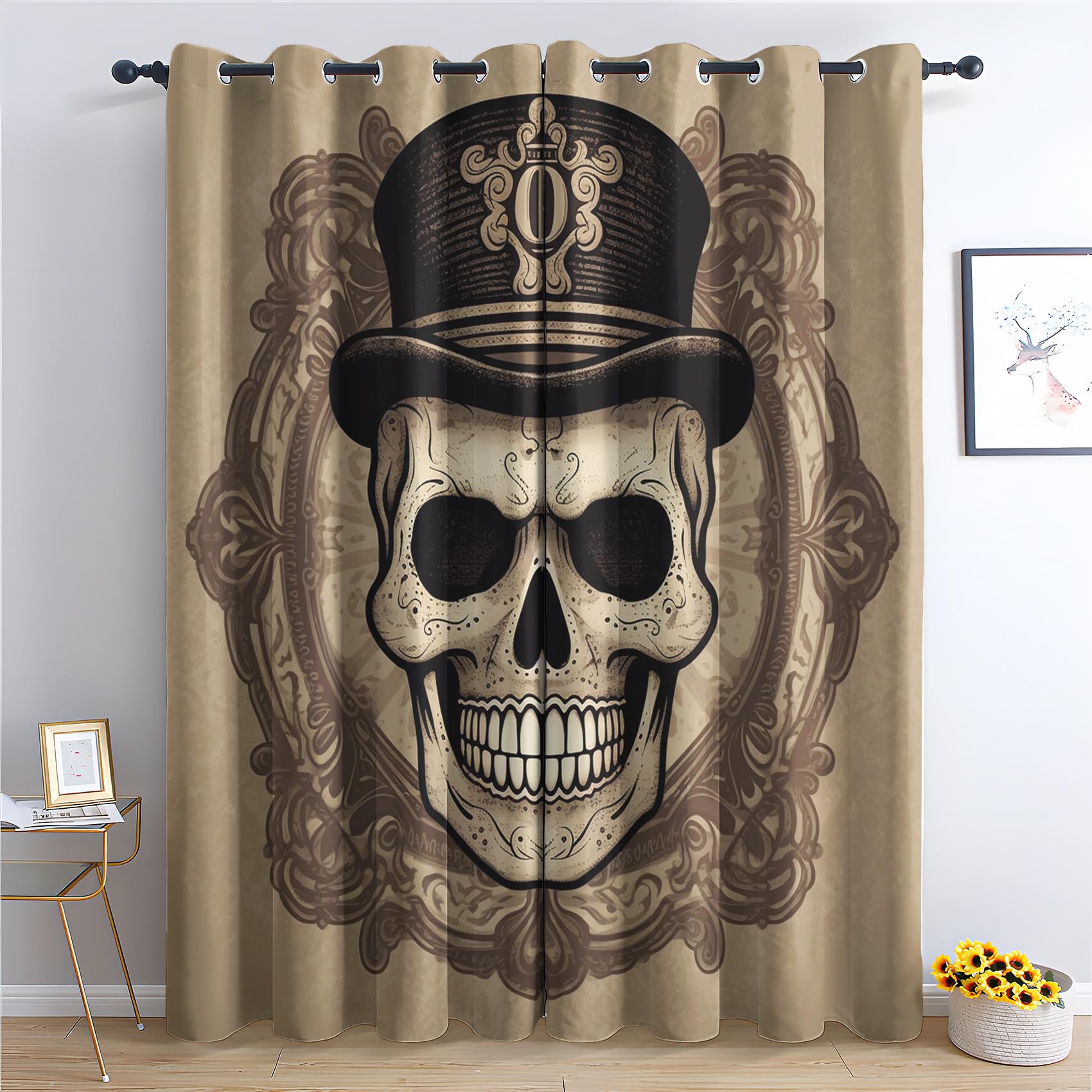 Rideau Occultant Tête de Mort, Rideaux Thermiques à Oeillets pour Chambre, Motif Horreur Gothique Rideaux Salon, Moderne Lot de 2 Décoration de Fenêtre pour Enfant Fille Garcon Rideaux 140x180cm LxH