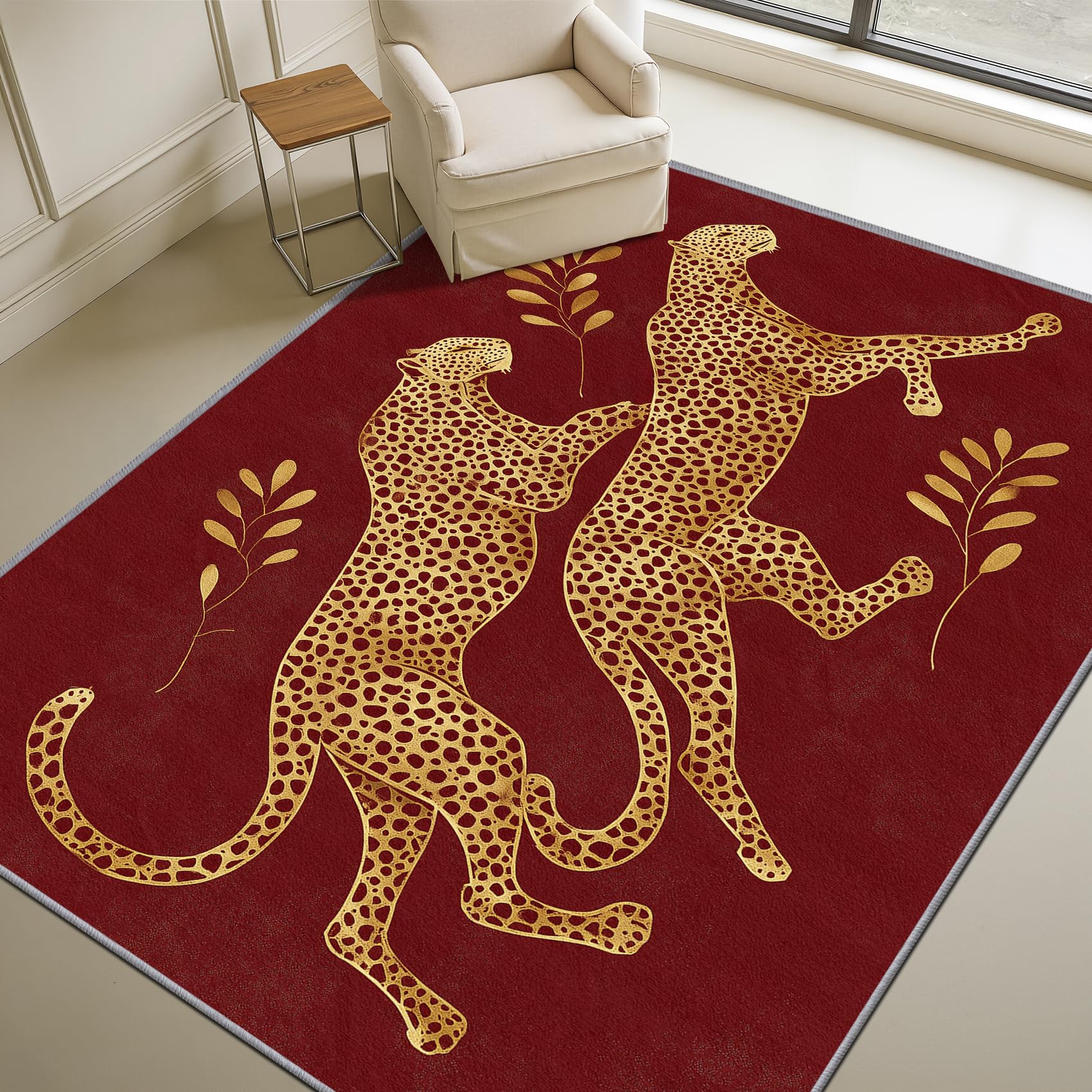 Mistela Leoparden Teppich 200x200 cm Rot Gold
