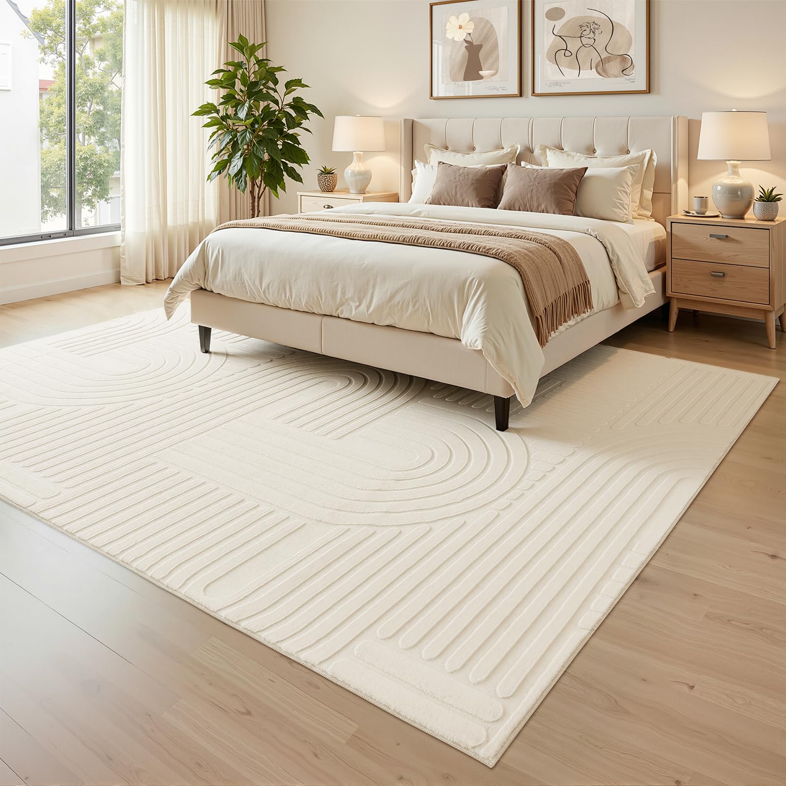 Topfinel Modern Wohnzimmer Teppich Weiß 200x290 Wellen 3D-Effekt Waschbarer Kurzflor Groß Weich Flauschig Antirutsch Teppiche Schlafzimmer Esszimmer Büro Einfarbig Creme Teppich Dauerhaft Felloptik
