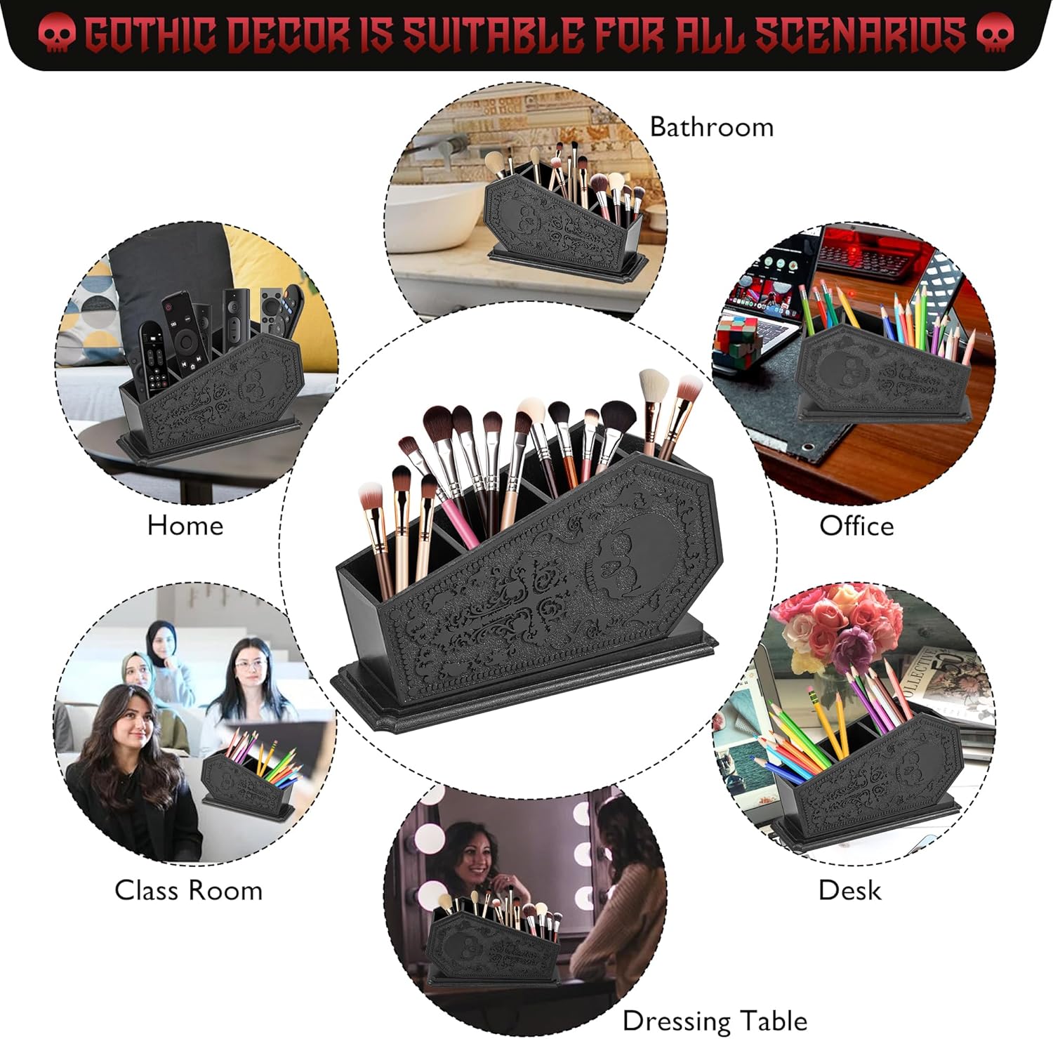 Gothic Coffin Decor Makeup Brush Holder,Spooky Witchy Gifts for Women,Skull Cosmetic Display Cases,Goth Decor Pen Holder, Vanity, Desk, Office Organizer for Christmas Bedroom Bathroom (Black)