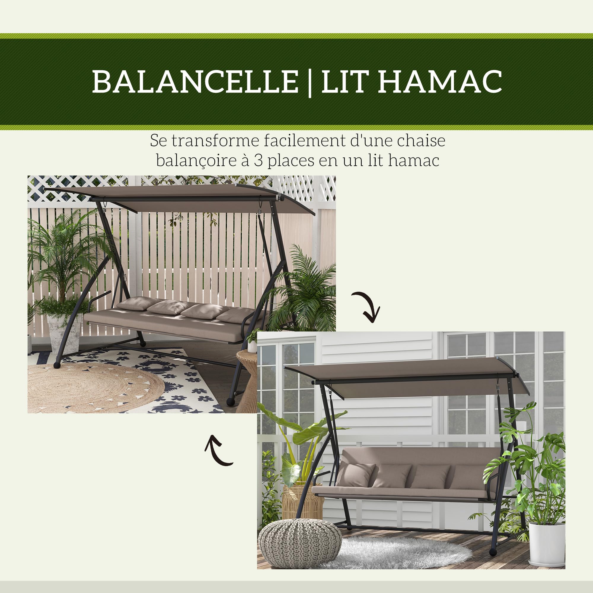 Outsunny Columpio de jardín de 3 plazas, Columpio de jardín Convertible para Exteriores, Techo abatible Ajustable, cojín de Asiento y Respaldo, 4 Almohadas, Gran Confort, 218 x 120 x 168 cm, marrón