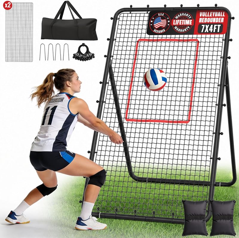 Suteck 7x4ft Volleyball Rebounder Net, 2-Net 5-Angle Trainer | Spike, Serve & Passing Practice, Solo Training, Storage Bag