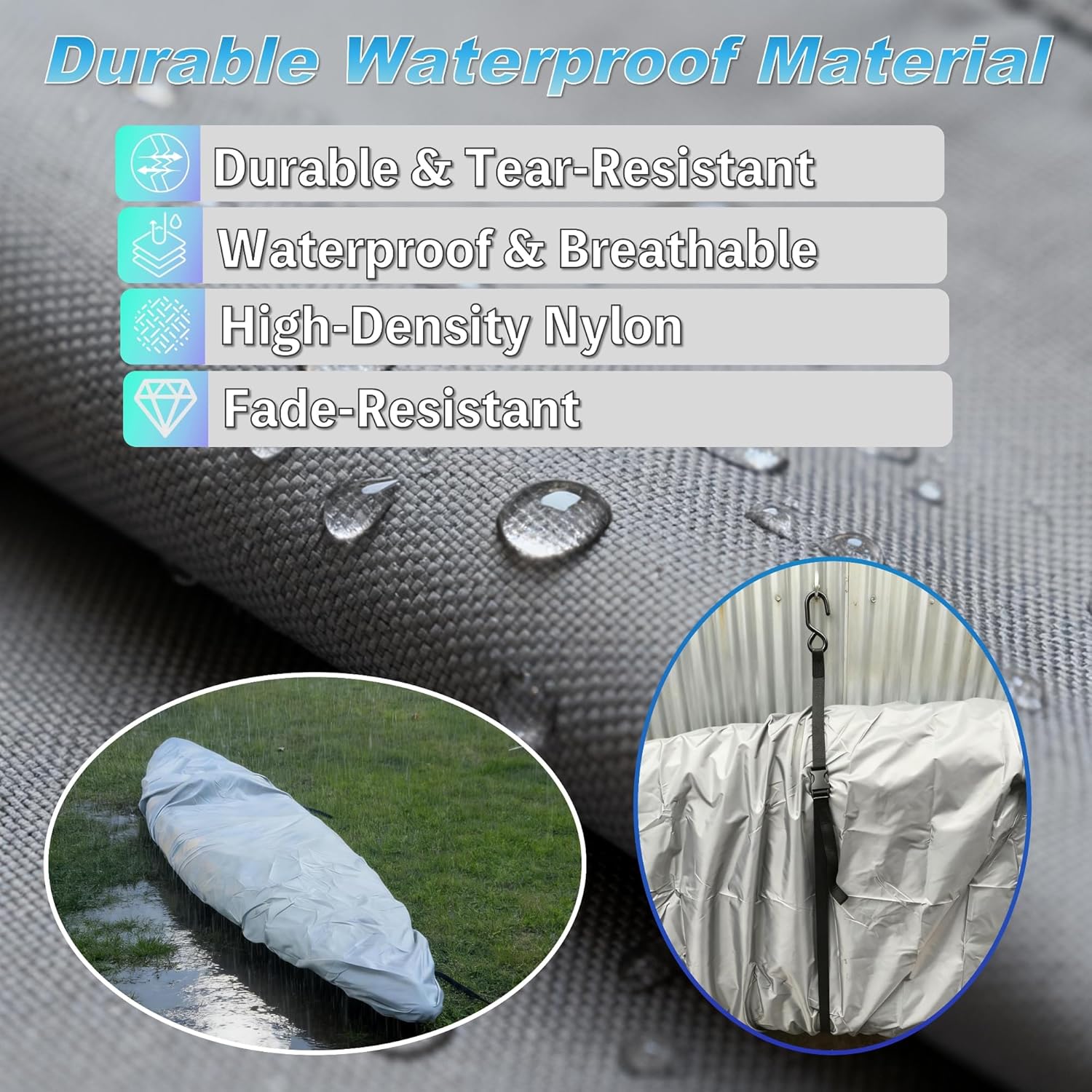 420D Canoe Kayak Cover with Elastic Hem 12.3-13.5ft Grey Water Resistant for Indoor Outdoor Storage of Paddle Board and Rowing Shell