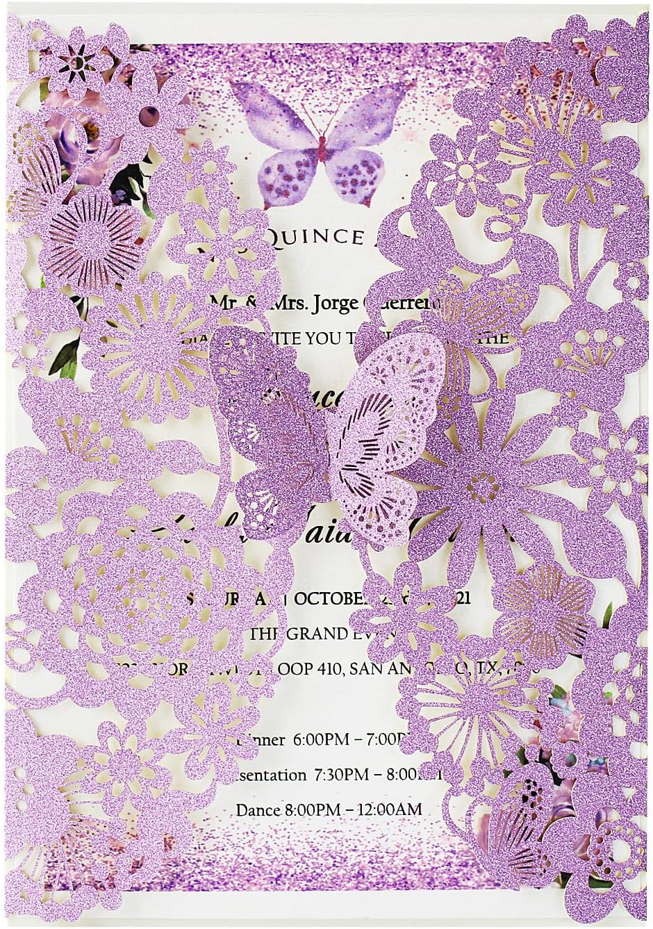 Hosmsua 5.12 x 7.3'' 50PCS Champagne Laser Cut Flora Wedding Invitation Cards with Butterfly and Envelopes for Quinceañera Bridal Shower Wedding Invite (Champagne Glitter) light gold