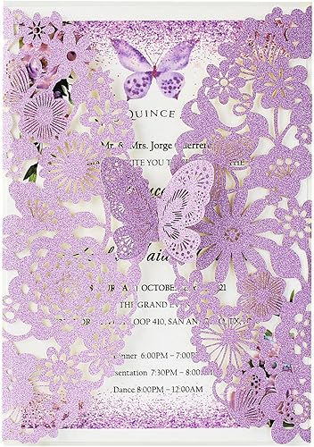 Hosmsua 50PCS Purple Butterfly Quinceanera Invitation Card Kit 5.1x7.3'' Laser C