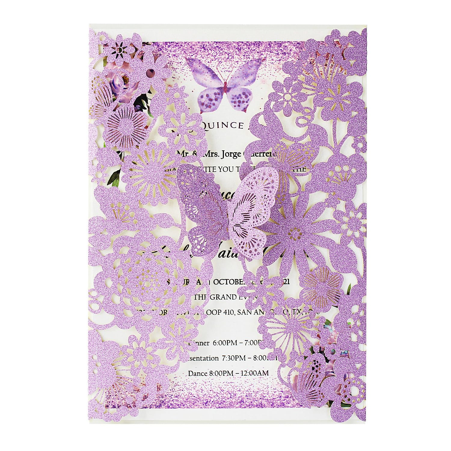 Hosmsua 5.12 x 7.3 50PCS Personalized Butterfly Flora Quinceanera Invitation Cards with Envelope Laser Cut Invitations for Quinceañera Sweet 16