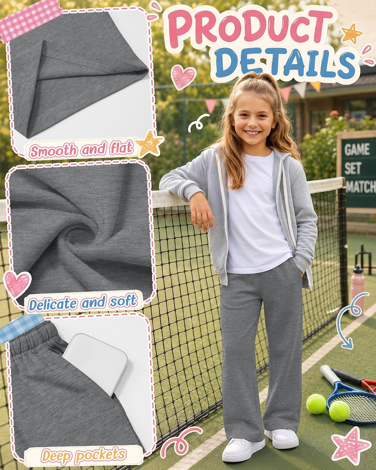 4 Pack Girls Sweatpants Kids Wide Leg Pants Baggy Drawstring Sweat Pants Athletic Clothes with Pockets 5-14 Years