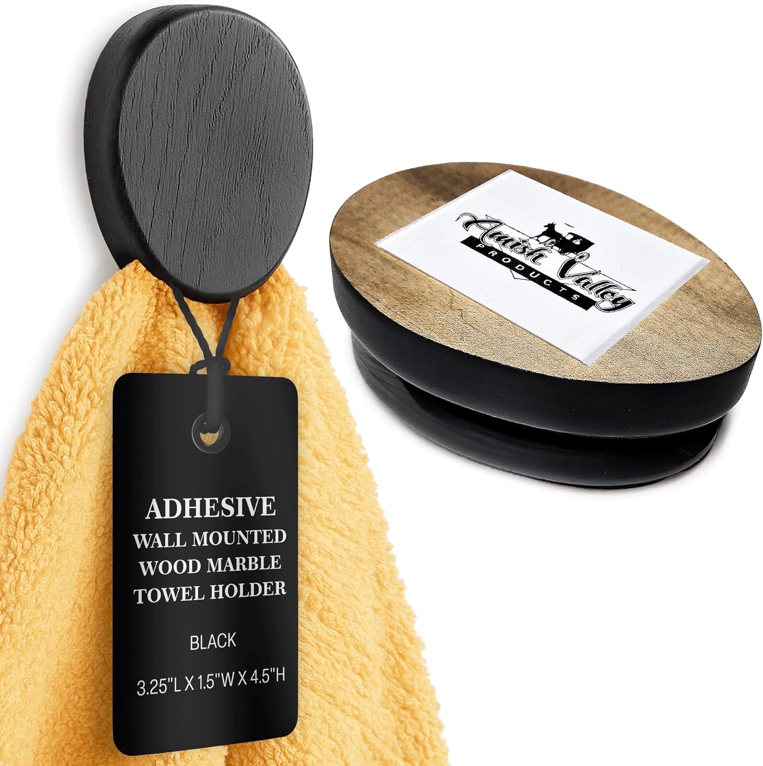 Amish Wood Marble Towel Holder Wall Mounted Adhesive Bathroom Kitchen RV Cabin Hooks Rack Towels (Black)