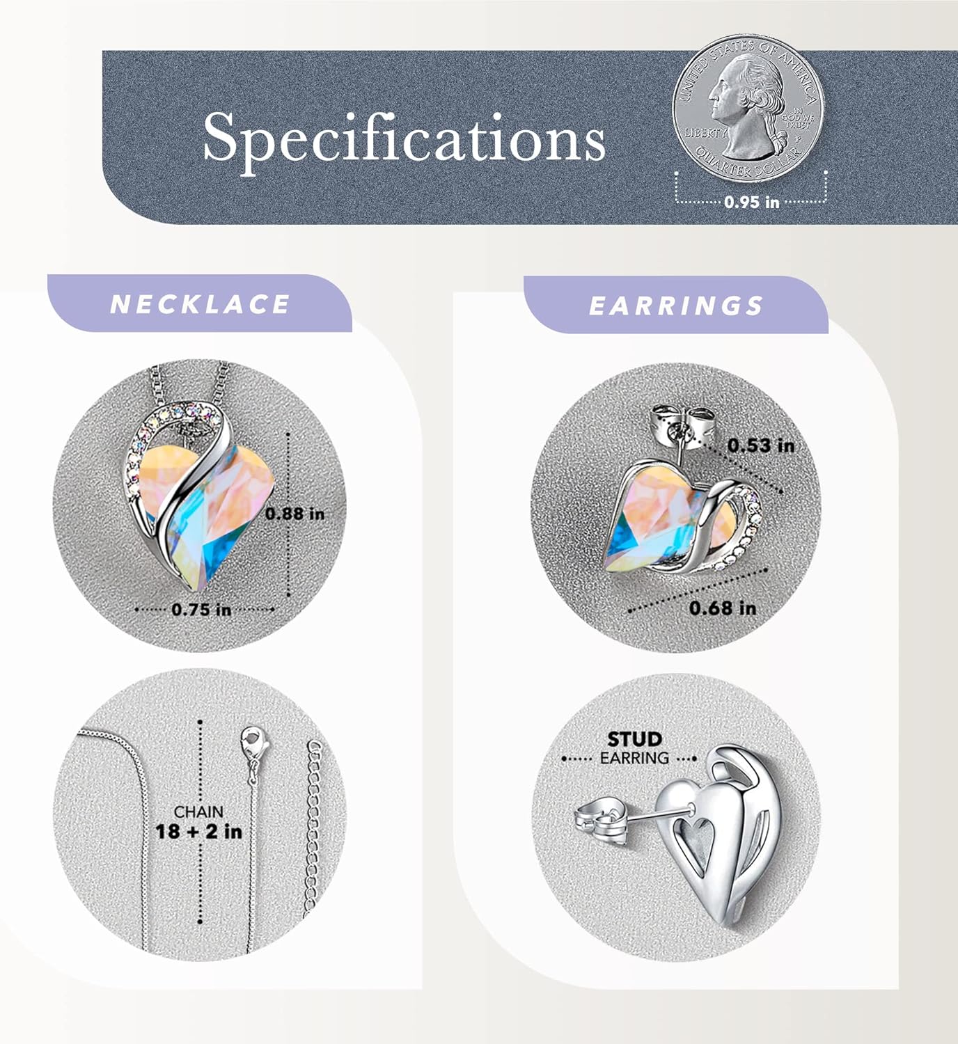 Leafael Infinity Love Heart Necklace and Stud Earrings for Women, April Birthstone Crystal Jewelry, Silver Tone Bundle Gifts for Women, Rainbow Opal White - Image 3