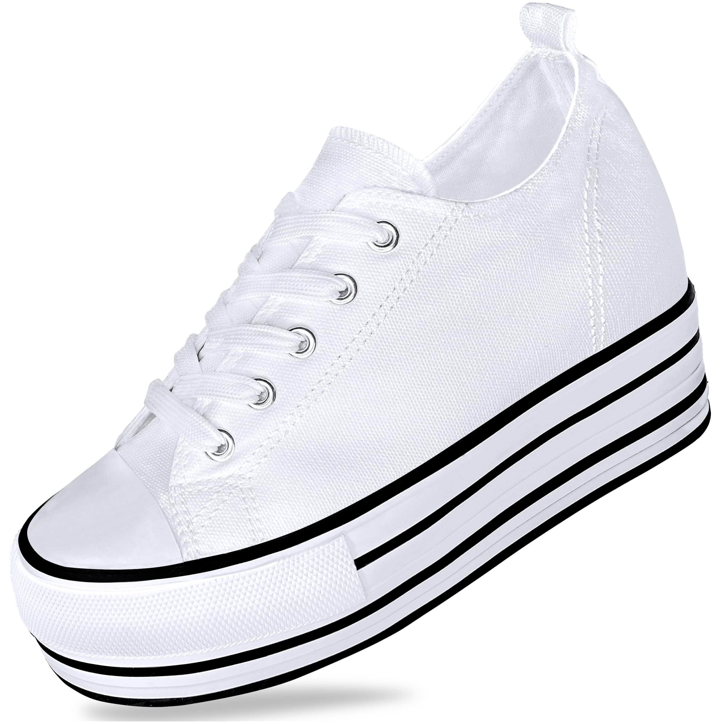 REFRASE LIFEWomens Platform Shoes Hidden Wedge 3 Inches Height Increase, Canvas Sneakers High Heel White Black Fashion Sneakers for Women and Girls