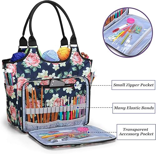 Miniatura 5 de YARWO Bolsa de tejer, organizador de almacenamiento de hilo para madejas de hilo, agujas de tejer, ganchos de ganchillo y proyectos de tejido,