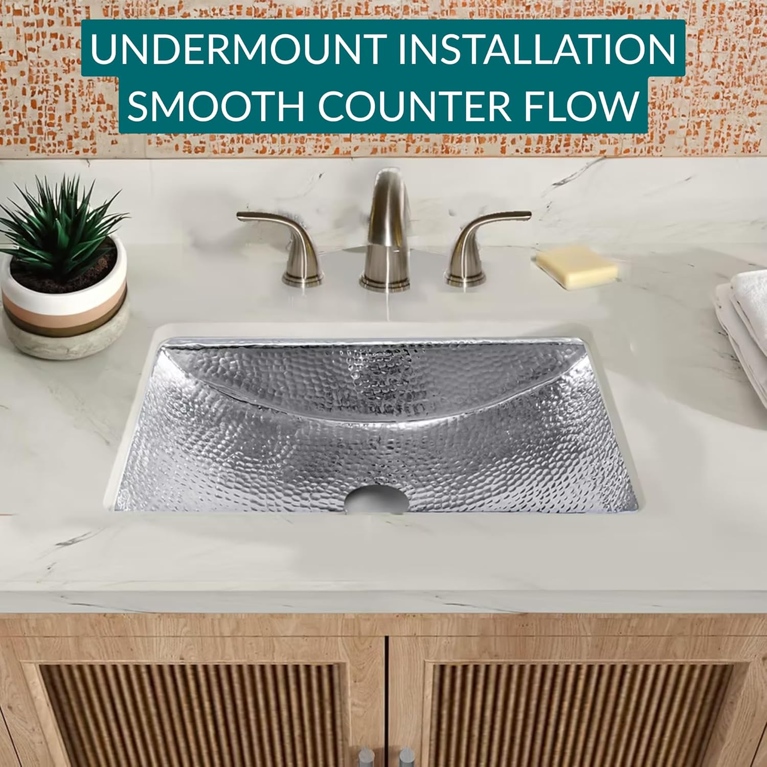 Metal Bathroom Sink – 20" Handmade Undermount Bathroom Sink with Overflow, Rectangular, Unique Individual Hand Hammered, Polished HP-HTA20