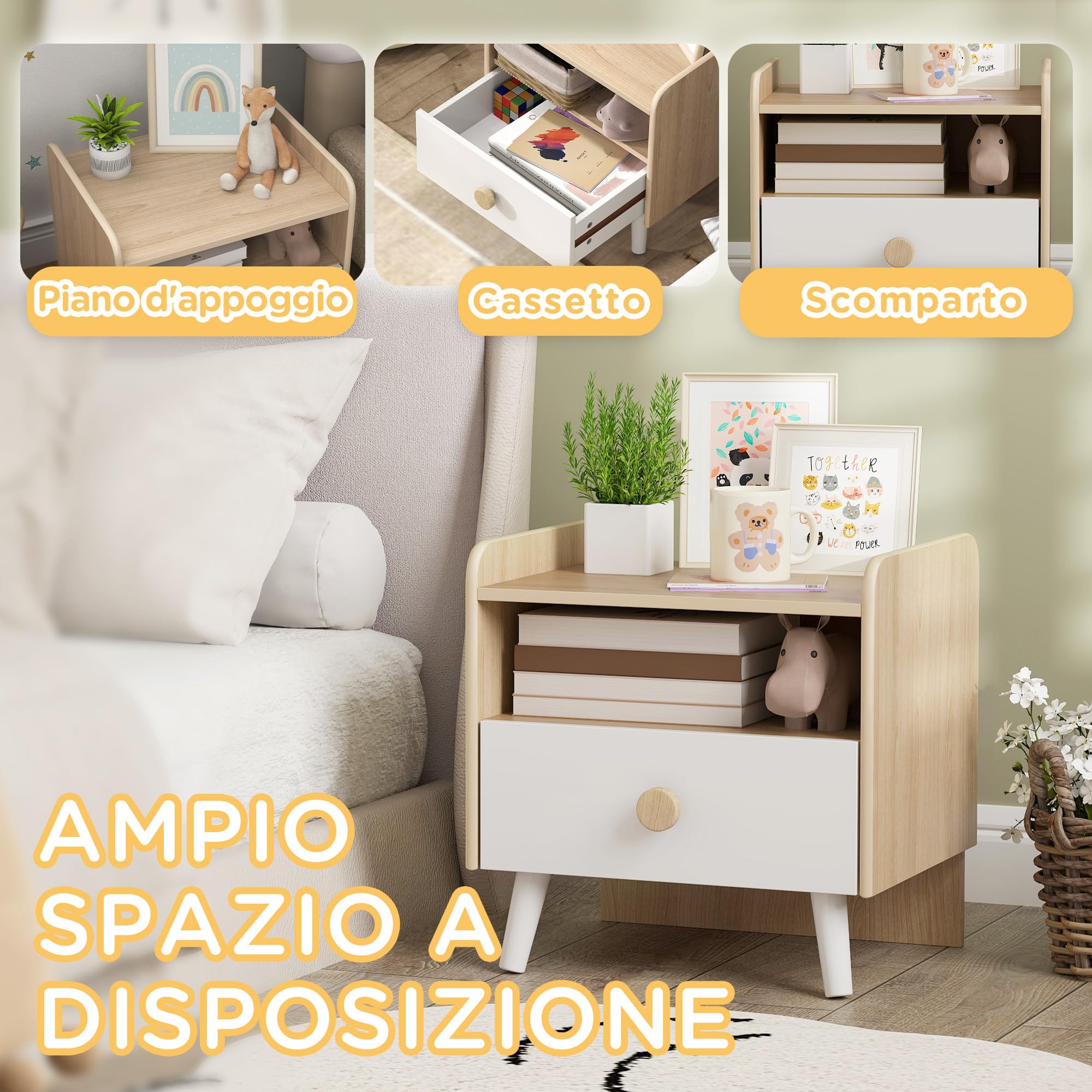 AIYAPLAY Comodino con Cassetto per Bambini 3-10 Anni dal Design Minimal, Comodino per Camera da Letto in MDF e Legno di Pino, 40x32.5x40 cm, Bianco e Legno Naturale