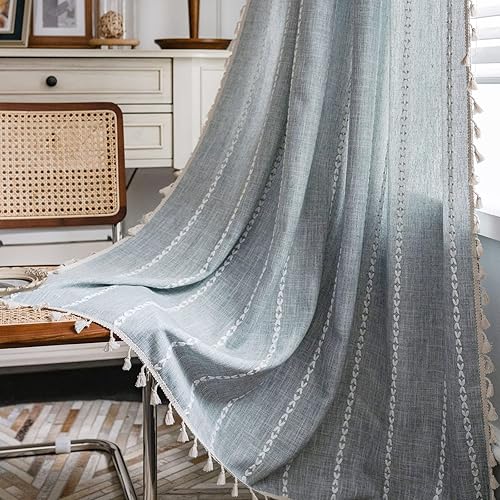 TOPSMCHER Cortinas bohemias de 84 pulgadas, cortinas de lino y algodón rústico con bordado para sala de estar, bolsillo para barra, cortinas