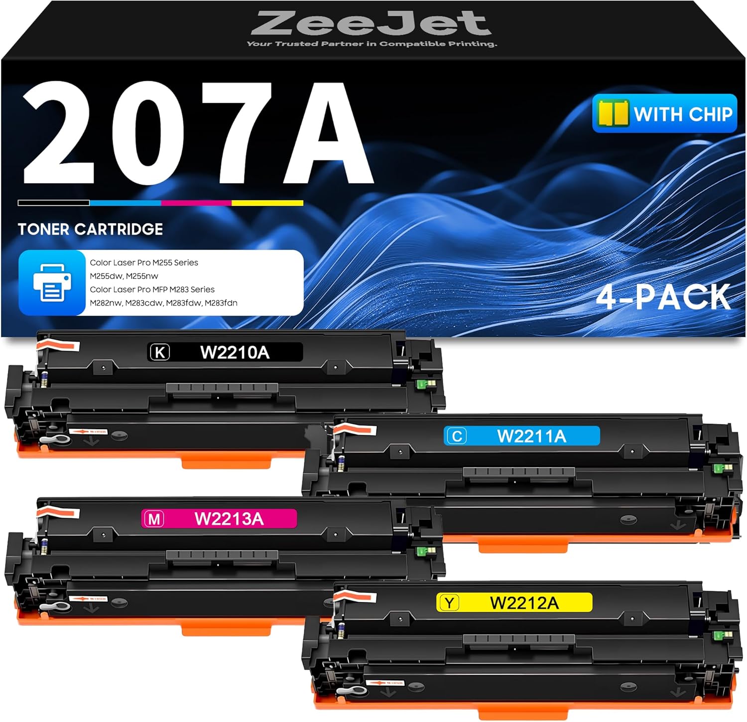 207A Toner Cartridges Set W2210A W2211A W2212A W2213A Replacement for HP 207A Toner for Color Laser Pro MFP M255dw M255nw M282nw M283cdw M283fdw M283fdn Printer Ink 4-Color (Black Cyan Magenta Yellow)