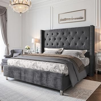 PaPaJet Upholstered King Bed Frame with Tall Headboard, Wingback Platform Bed, Low Profile Velvet Tufted Button, No Box Spring Needed, Easy Assembly, Grey