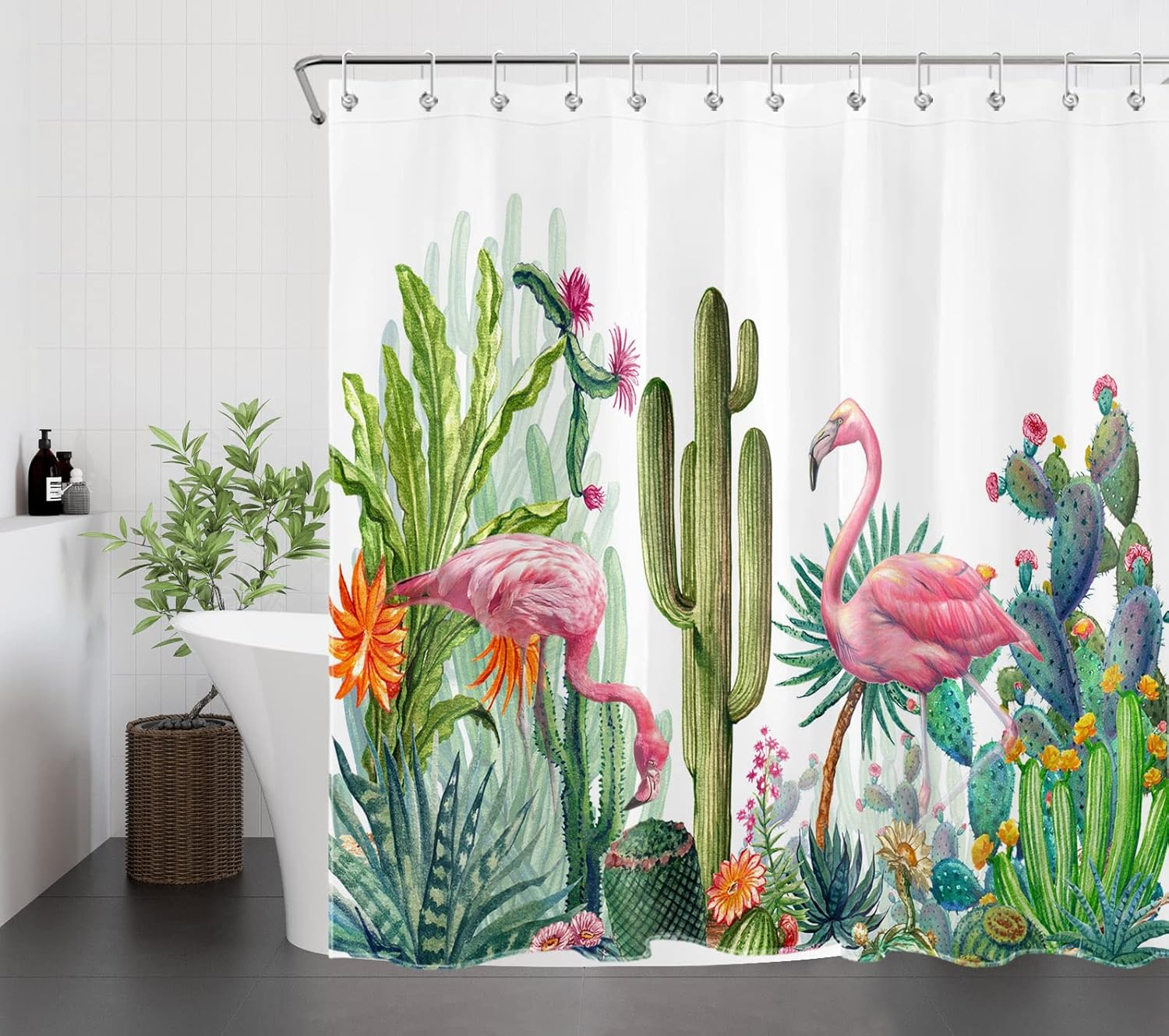 HVEST Pink Flamingo Shower Curtain and Bath Mat, Tropical Cactus Succulent and Floral on White Shower Curtain with Bathroom Rugs, 72X72 inches Sage Green Plant Shower Curtain Sets
