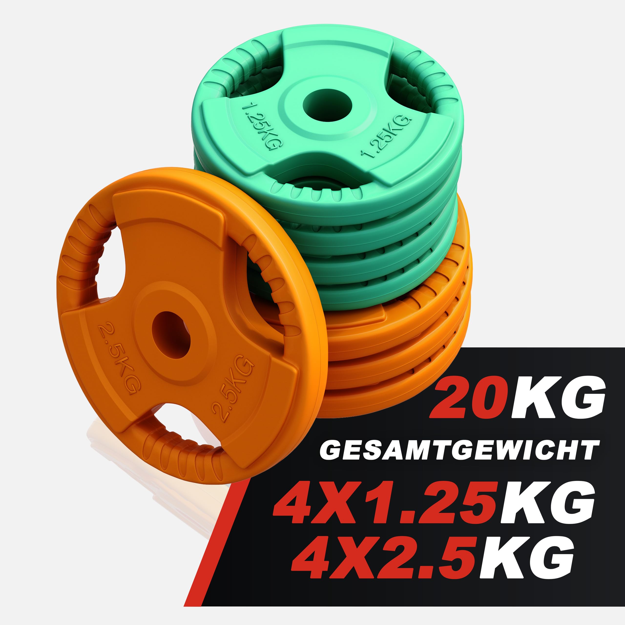 GORILLA SPORTS® Kurzhantelset 20 kg, 2er Set, Gusseisen, Gummi Gripper | 30 mm, 4 x 1,25 kg und 4 x 2,5 kg Hantelscheiben, mit Stern- oder Federverschlüssen und gerändeltem Griff; Kurzhanteln