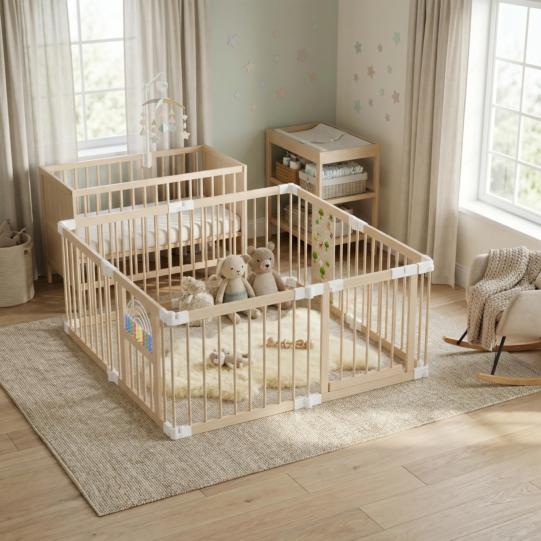 LZQ Parc en bois pour bébé - 8 éléments - Avec porte et tableau de jeu - Pliable - Barrière de sécurité - Grille de protection pour bébé
