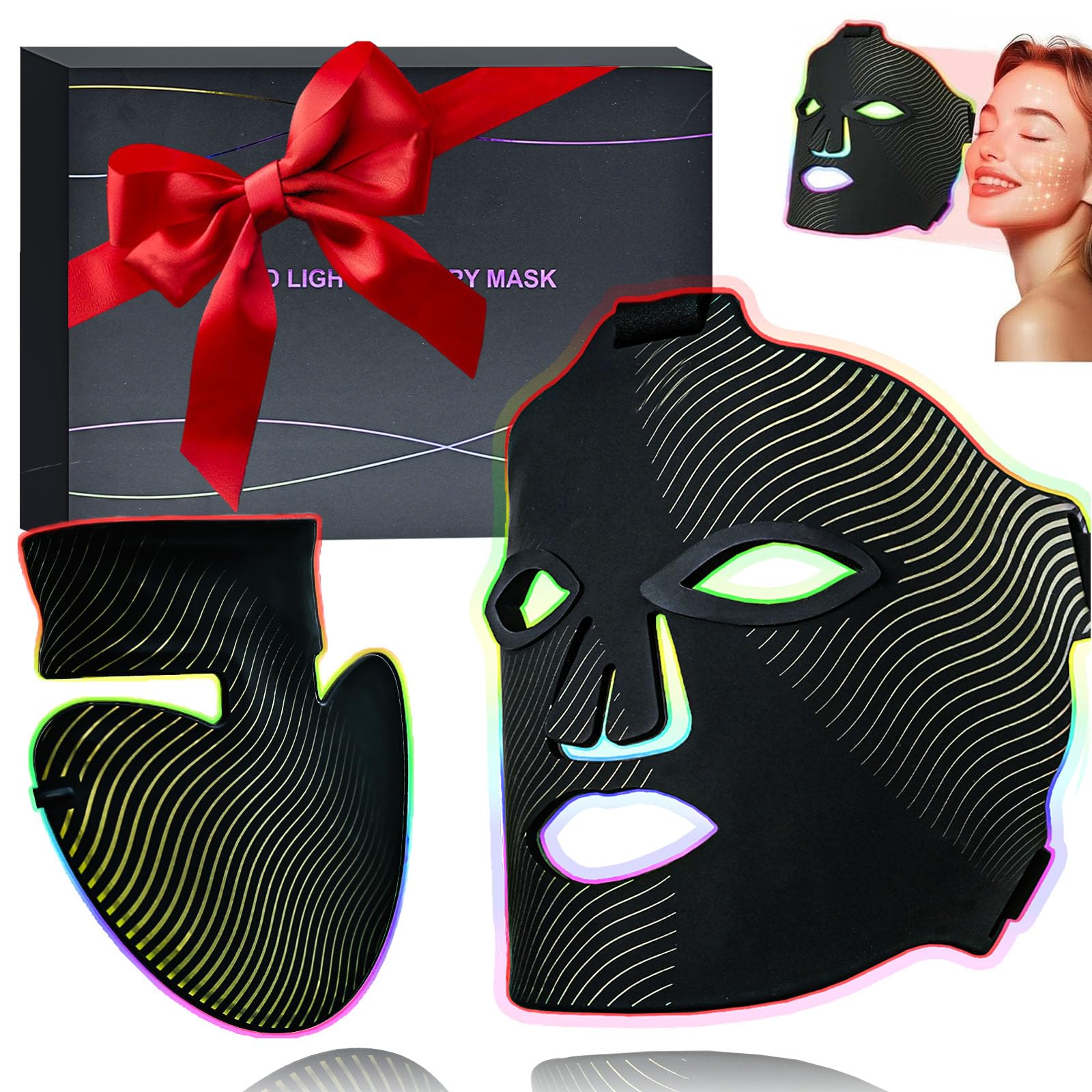 NEEMOSI Maschera LED Per Terapia Della Luce e Collo, LED Mask Rossa Infrarossa a 7 colori, con 180 Perle, 1440 Chip, Maschera Luce Rossa Viso Per Tutti i Tipi di Pelle.(Oro nero)