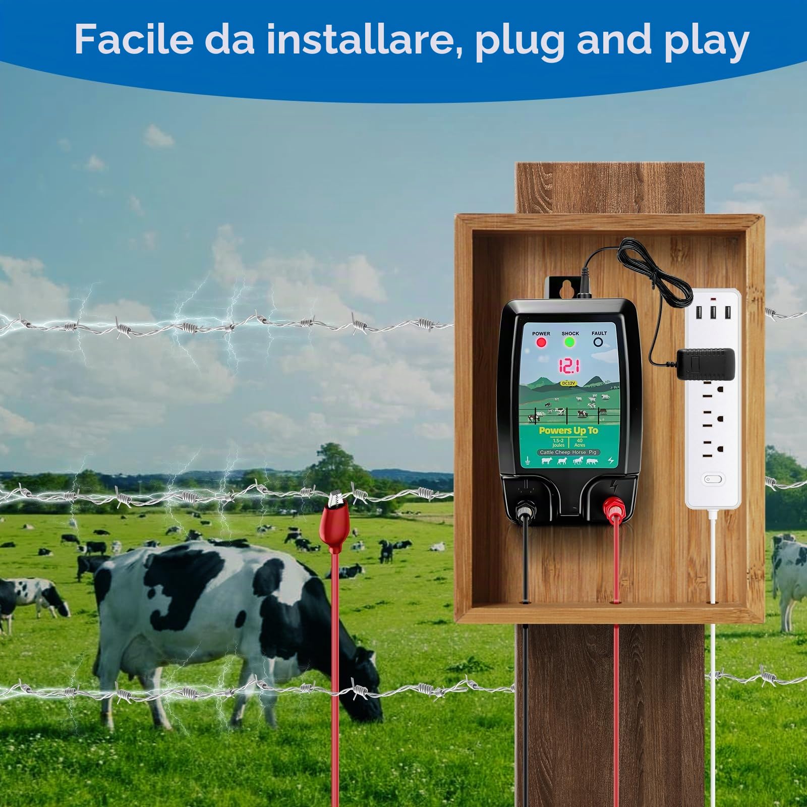 Elettrificatore per Recinto Elettrico 10km, Recinti Elettrici Con display a LED, Rete Elettrificata per Animali, Allevamento Di Pollame, Cinghiali, Cani, Polli
