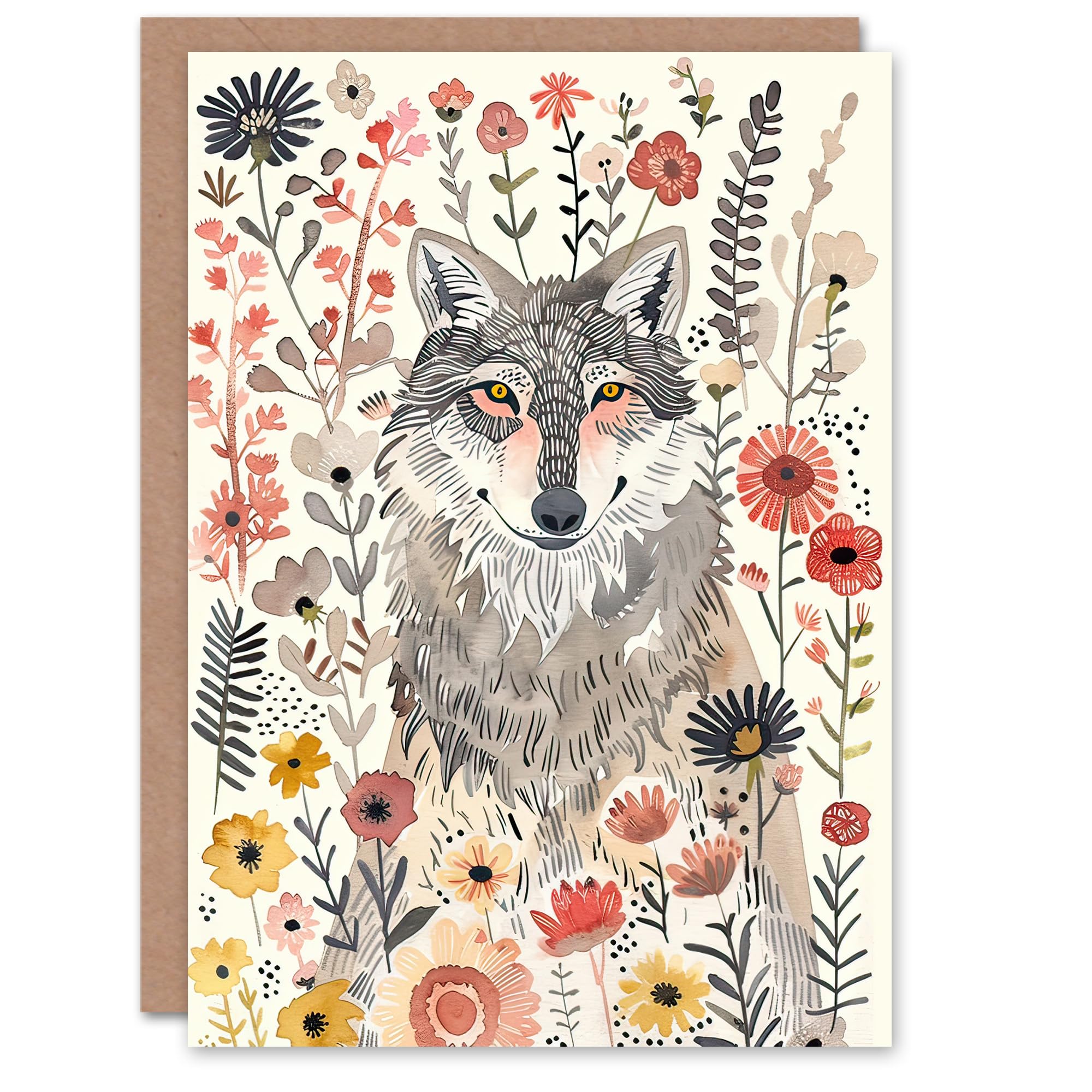 Artery8 Greeting Card Smiling Wolf Wildflower Meadow Floral Watercolour For Her Woman Birthday Card