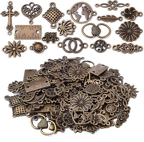 BronaGrand Colgantes para conectores, suministros de manualidades de 3.53 oz, bronce antiguo, corazón, cruz, flor, formas de regla, fabricación de