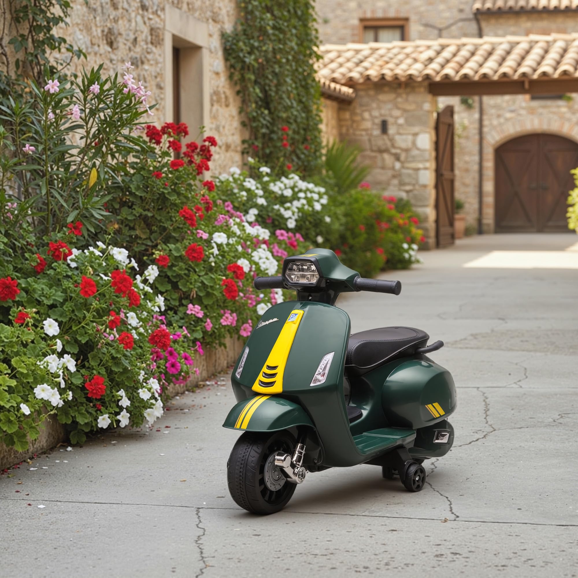 AIYAPLAY Moto Eléctrica para Niños 6V, Vespa con Licencia Oficial, con Ruedas de Aprendizaje de 17,5 cm, Velocidad 2,5 km/h, Faro y Bocina, para 2-6 Años, Verde Oscuro