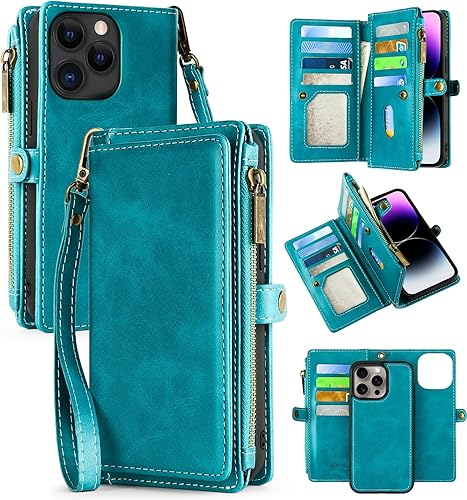 MInCYB Funda tipo cartera para iPhone 13 Pro Max con 10 ranuras para tarjetas, magnética, desmontable, con bloqueo RFID, funda de piel sintética con