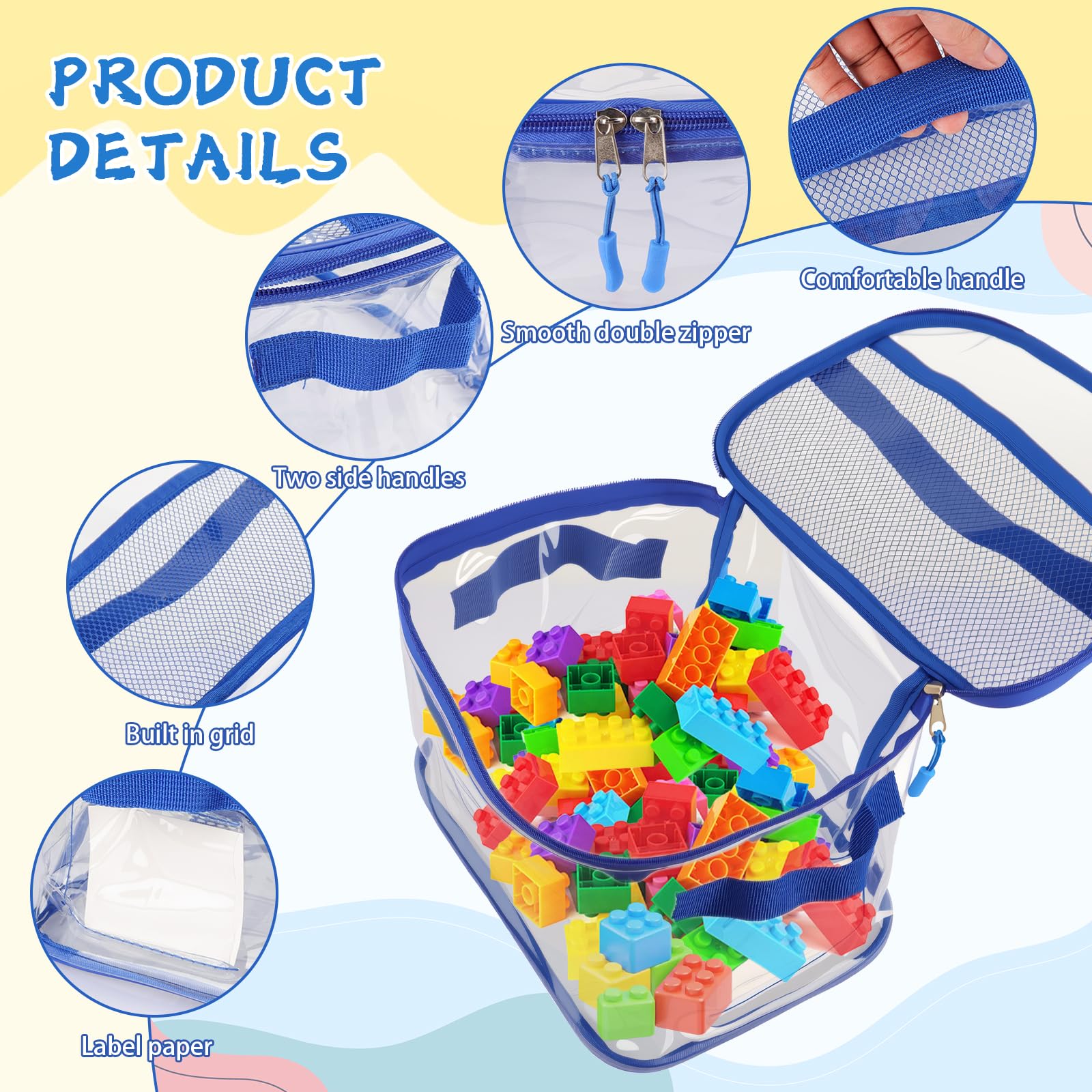 6 bolsas de almacenamiento de juguetes, bolsas de almacenamiento impermeables de PVC transparente con doble cremallera, contenedor con asa, bolsa de aseo de viaje reutilizable, organizador de juguetes