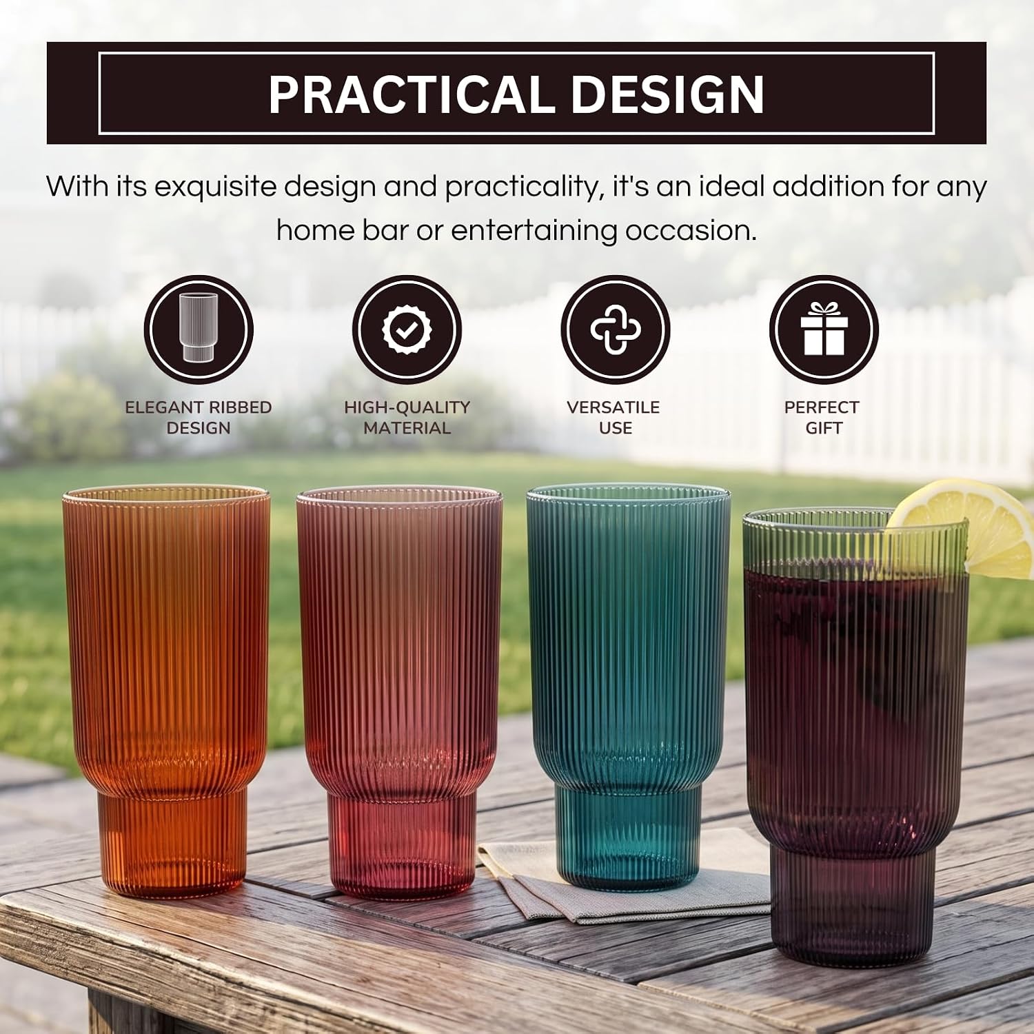 Khen Shatterproof Acrylic Tall Drinking Glasses Set, European Style, Dishwasher Safe, Ribbed | Set of 4 | Fluted Tritan Drinkware, Unbreakable BPA-free Plastic, Reusable Stackable Glassware 14.5oz
