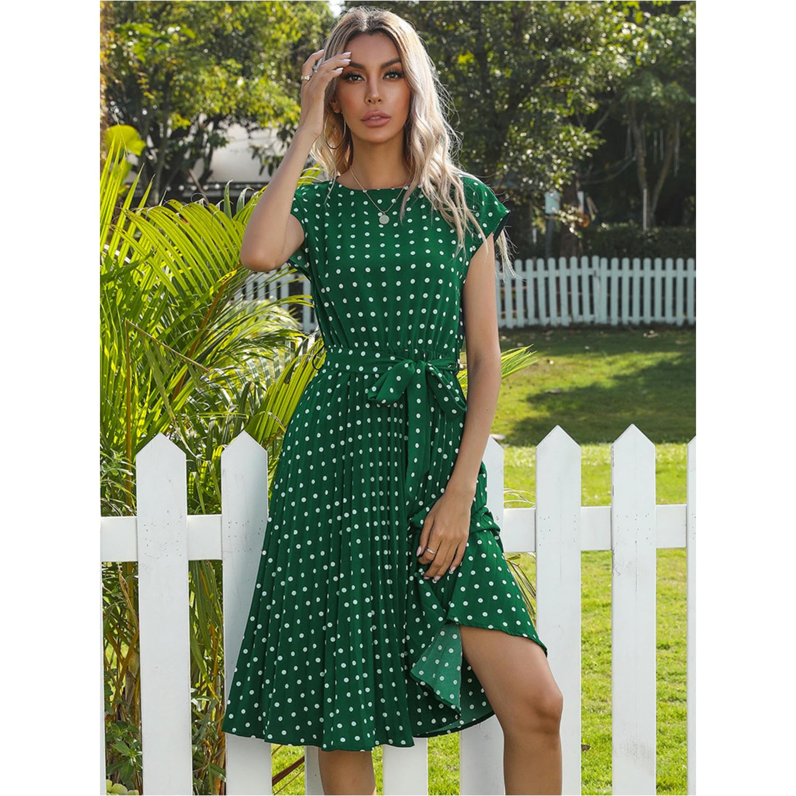 NOGRAX Sukienki damskie plażowe Sundress z krótkim rękawem nadruk w kropki Vestido linia A kwiatowy wysoki stan plisowane sukienki midi