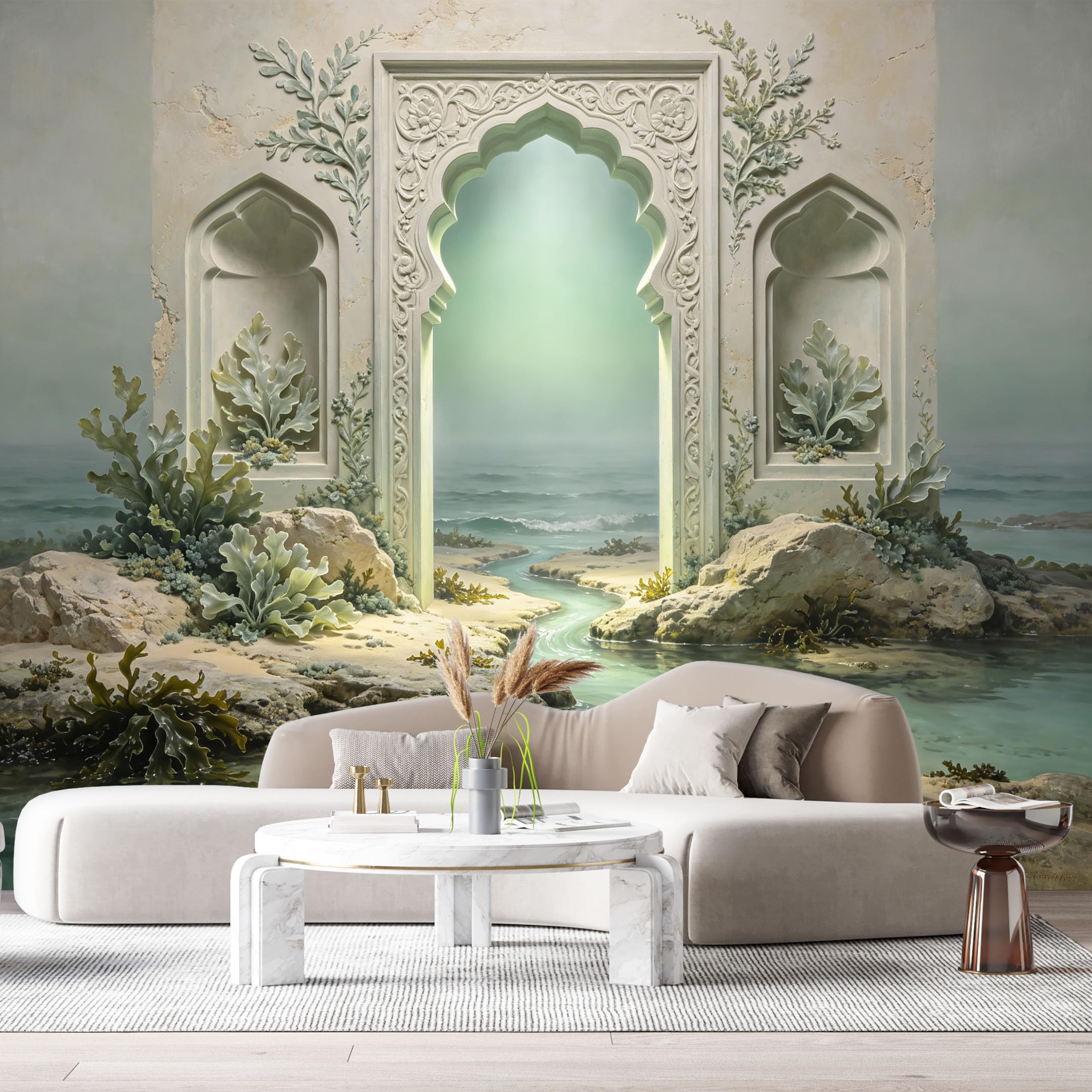 Custom Size Wall Murals Mystical Archway Ocean Mist Botanical 3D Trompe L'Oeil SelfAdhesiveWall Fabric Removable Wallpaper Wall Decor for Living Room Bedroom Bathroom