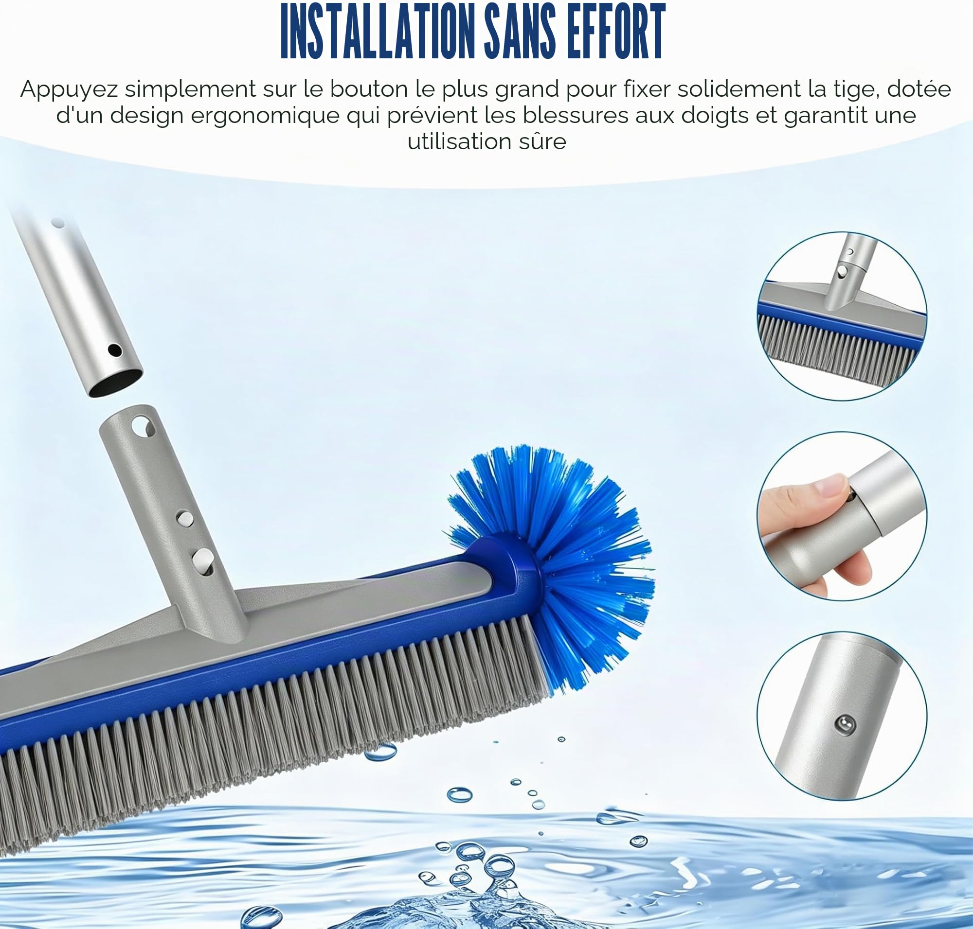 Brosse pour Piscine avec Manche Télescopique 220cm – Balai Nettoyage 43cm, Extrémités Rondes pour Protection – Kit Accessoire Réglable – Idéal Piscine Hors-Sol & Creusée